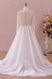 Plus Size Sparkly Beaded Lace Sheer Sleeves Destination Nude Bridal Gown