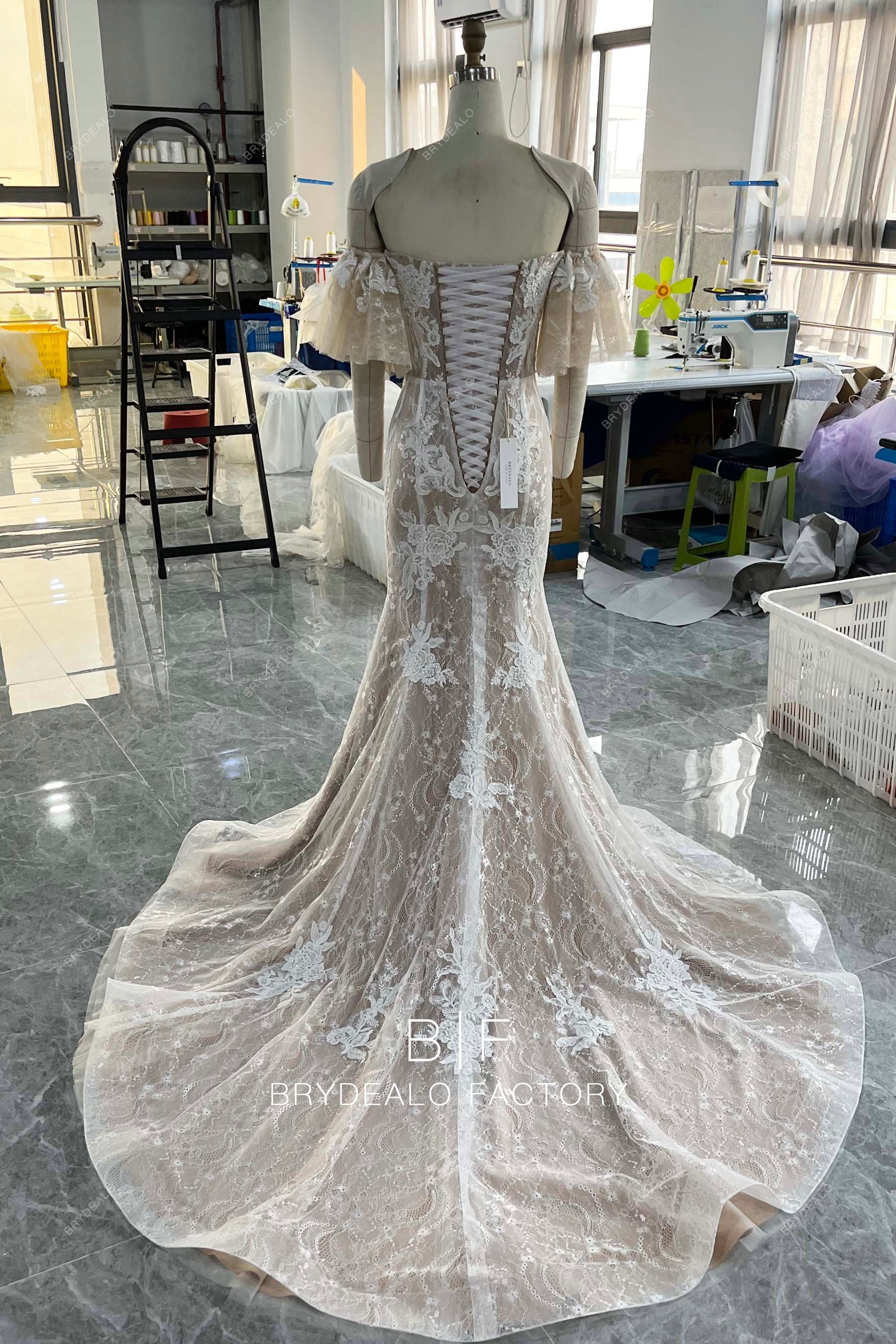 custom long ruffled train lace beige wedding dress