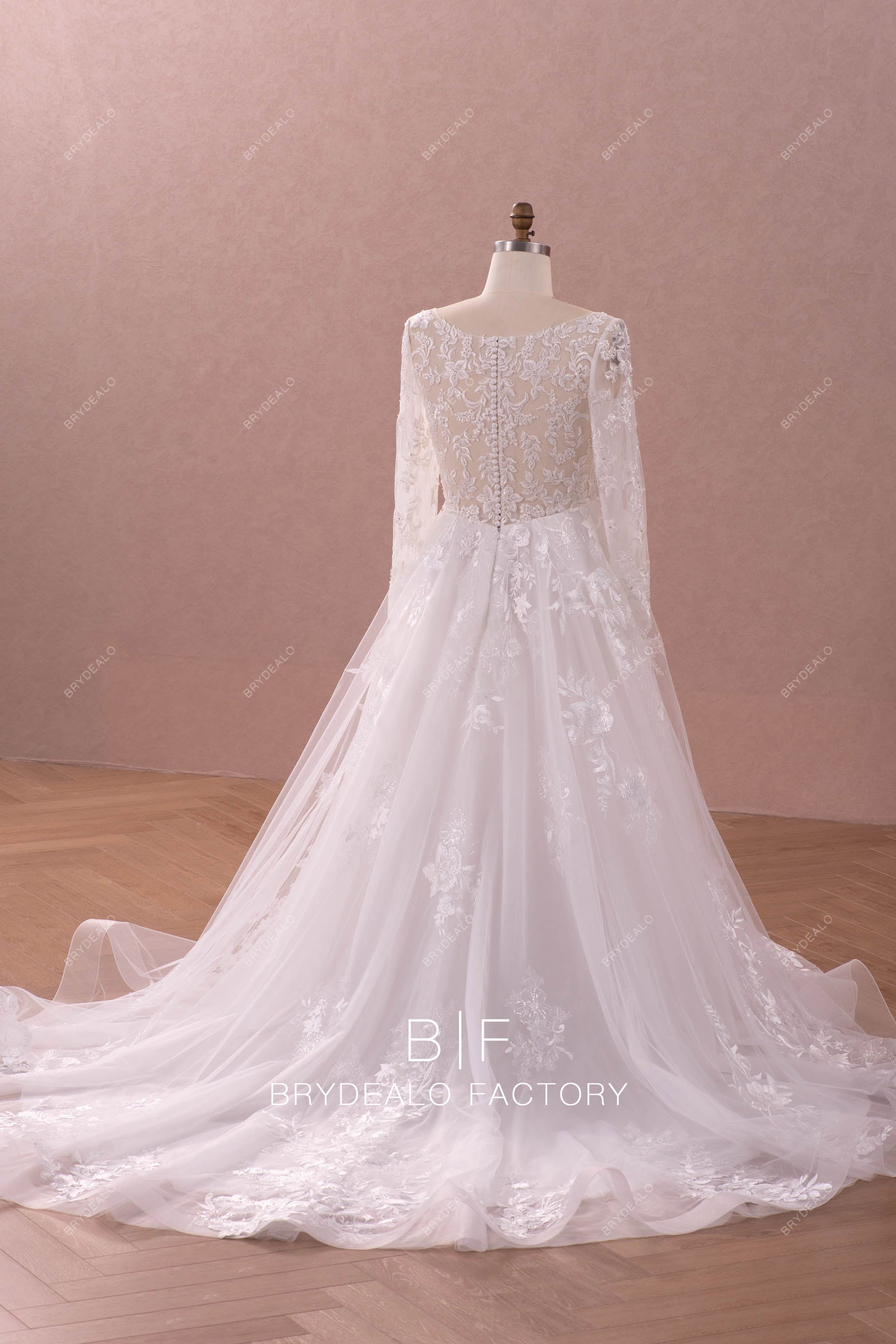 long horsehair train lace wedding gown