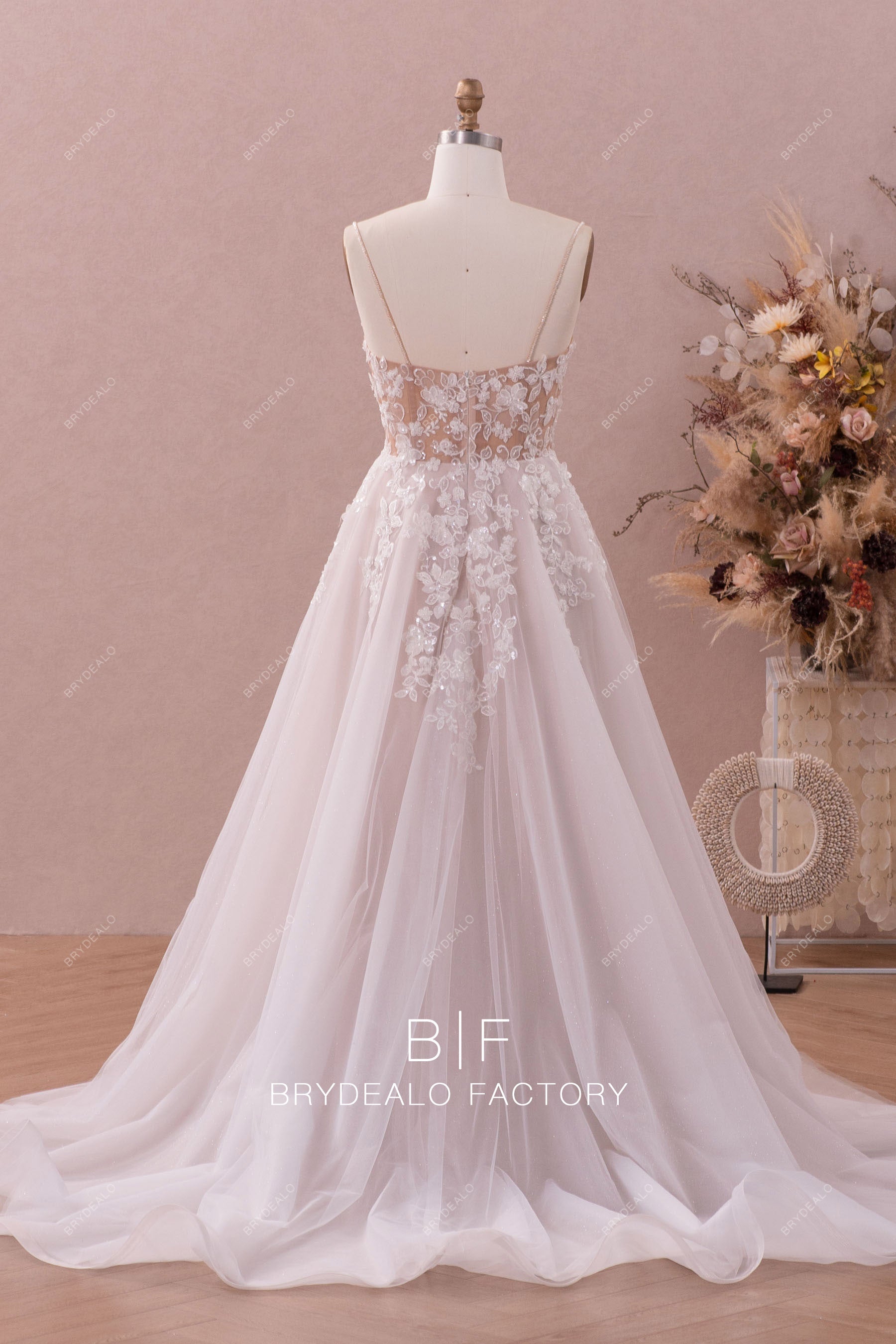 horsehair long train designer beaded lace wedding dress