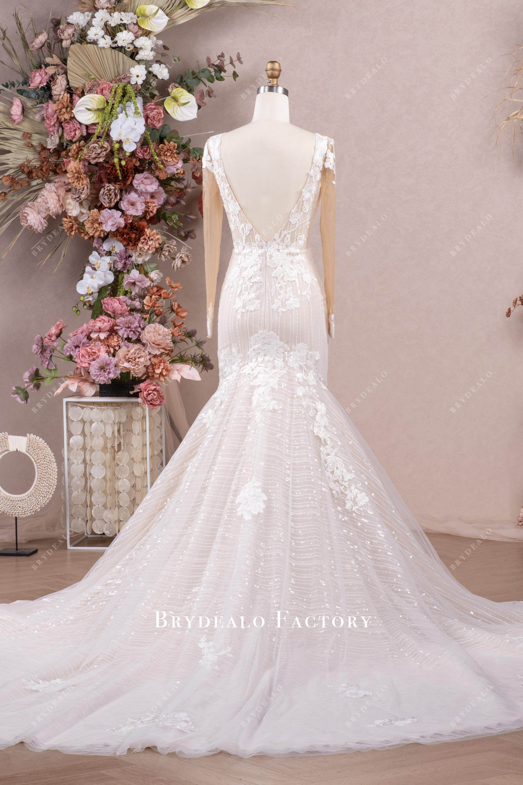 open back long shimmery lace wedding dress