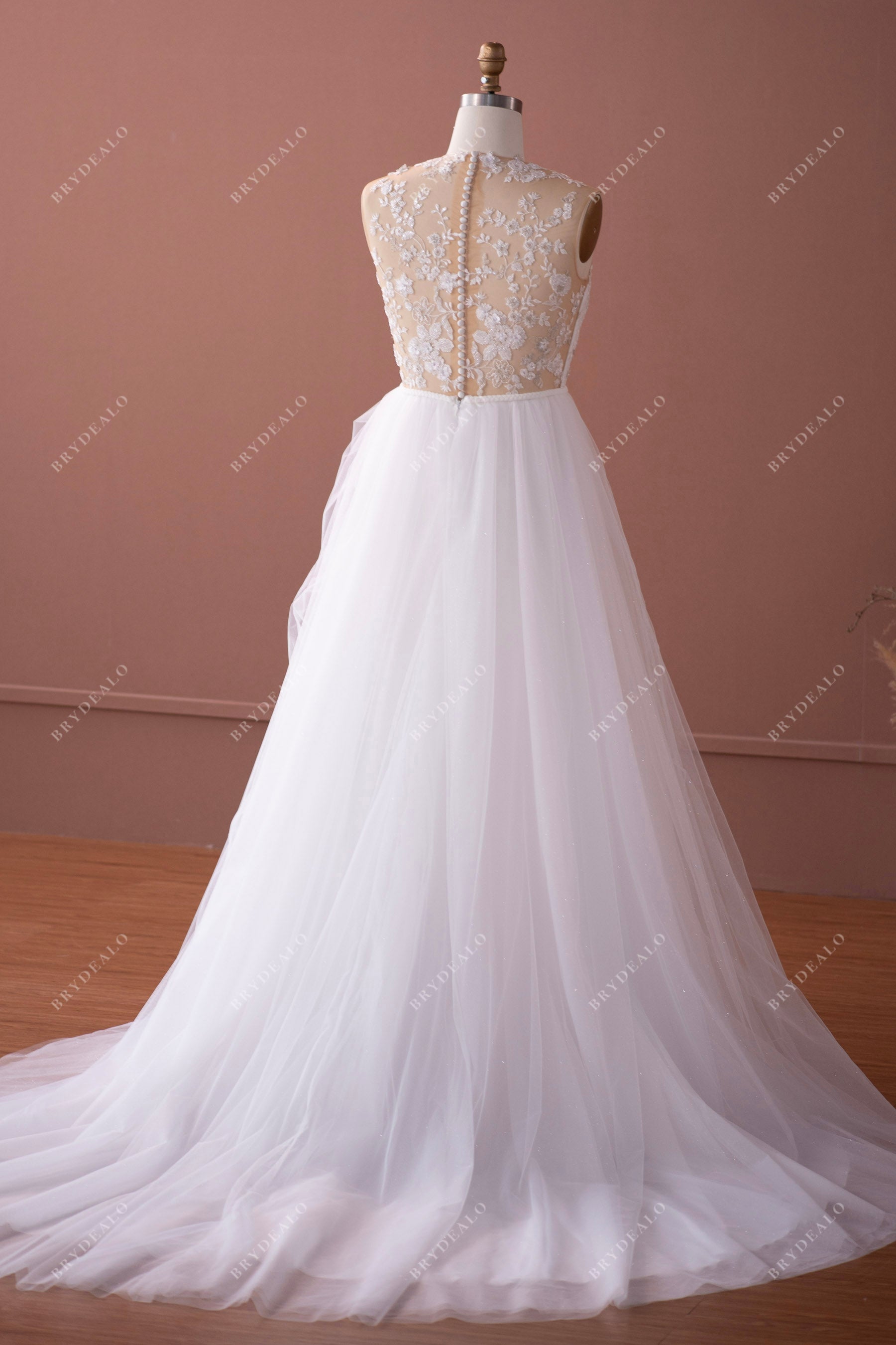 long train shimmery tulle illusion back wedding dress