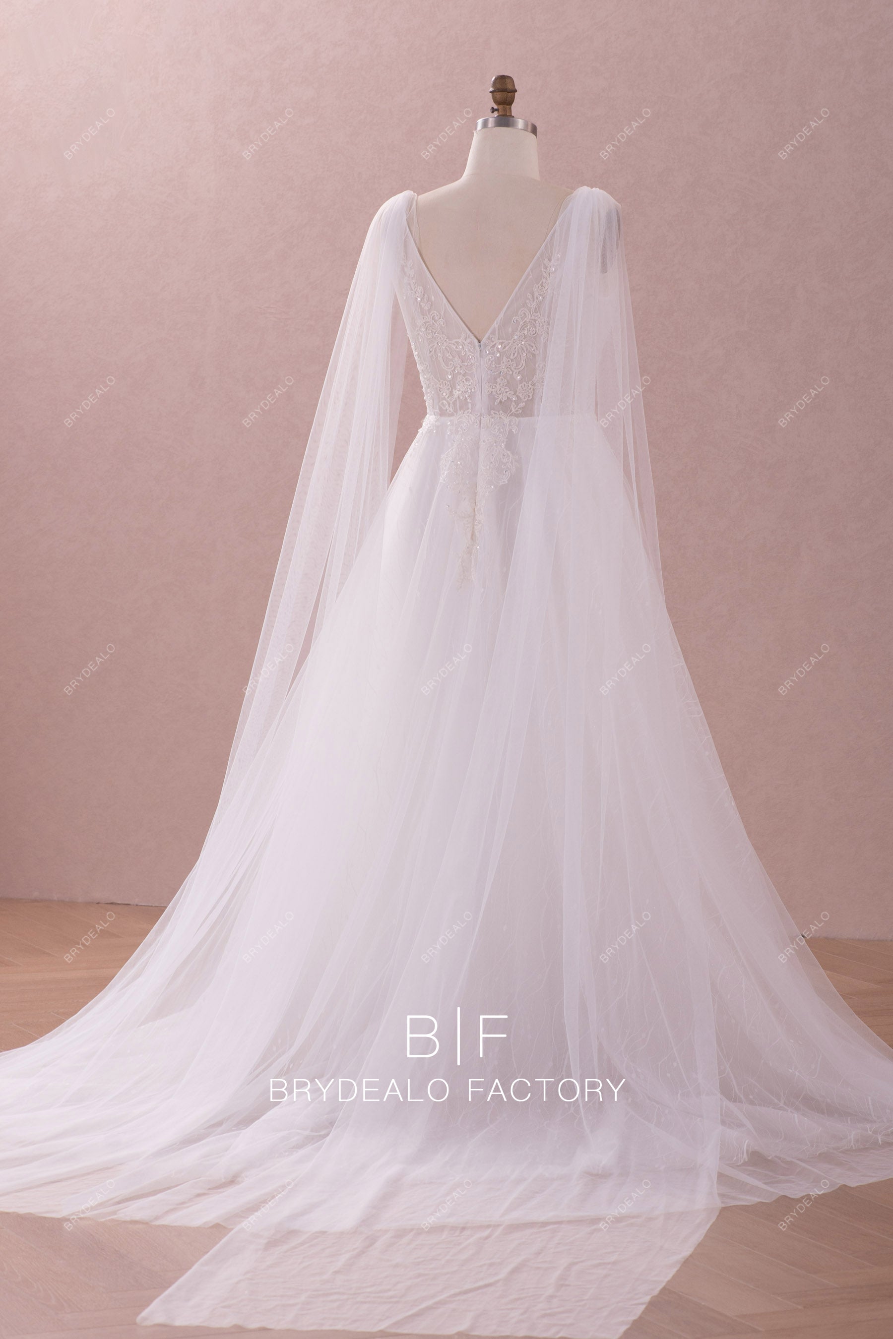 V-back long shoulder streamers tulle wedding dress