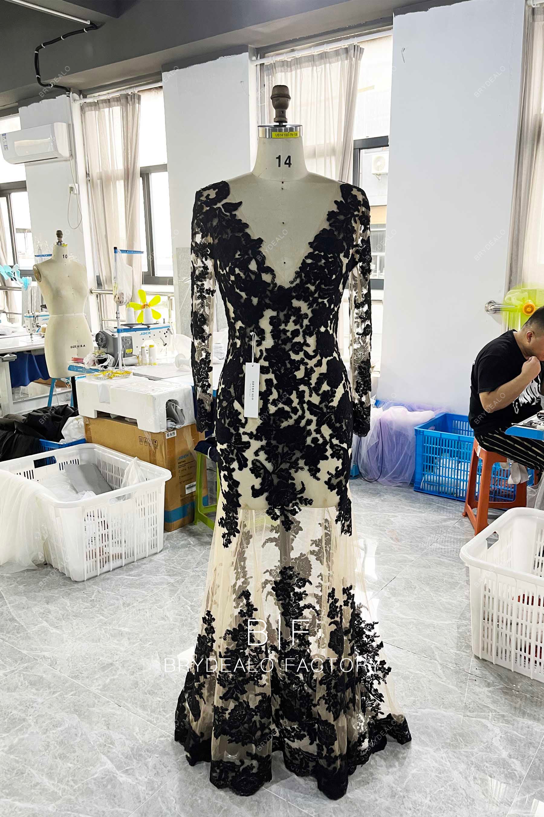 designer long sleeve V-neck lace illusion wedding dress