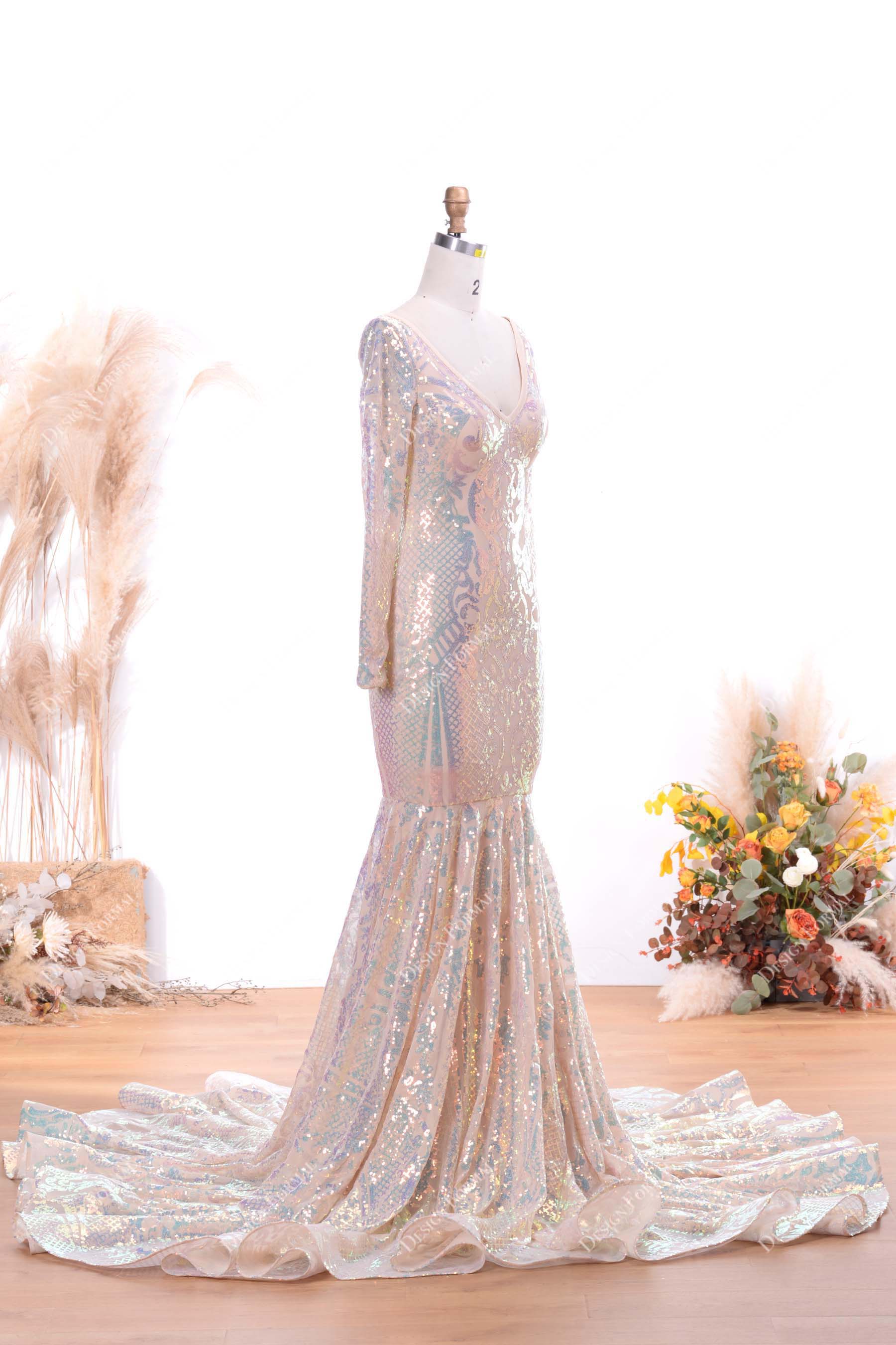 long sleeve V-neck mermaid sequin prom dress