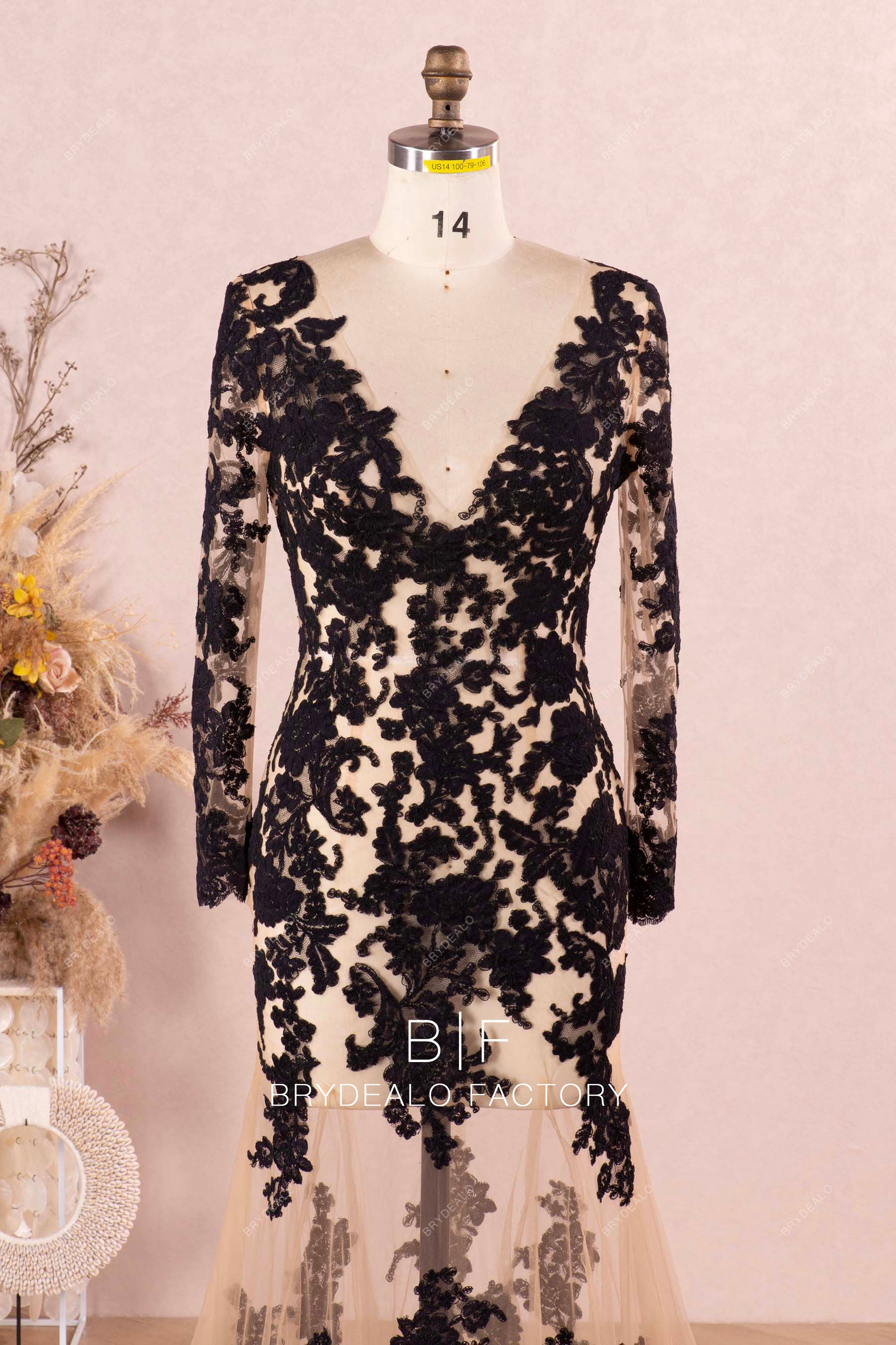 sheer long sleeve V-neck black lace wedding dress
