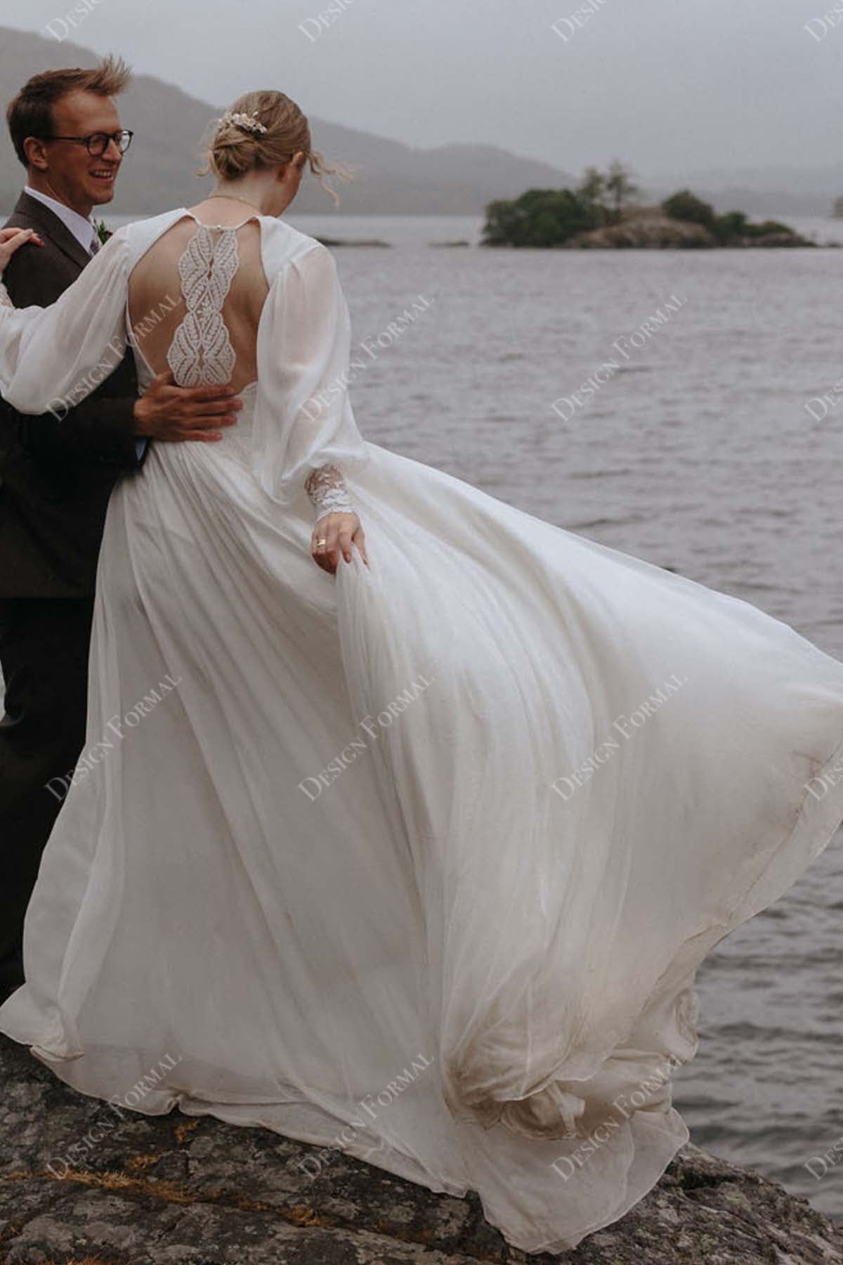 Long Sleeve Open Back Bridal Dress