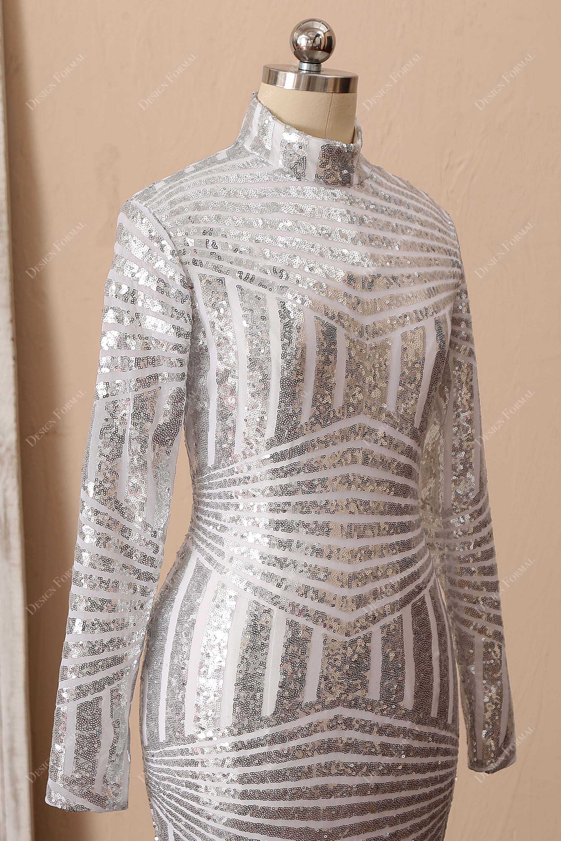 long sleeve high neck silver sequin dress