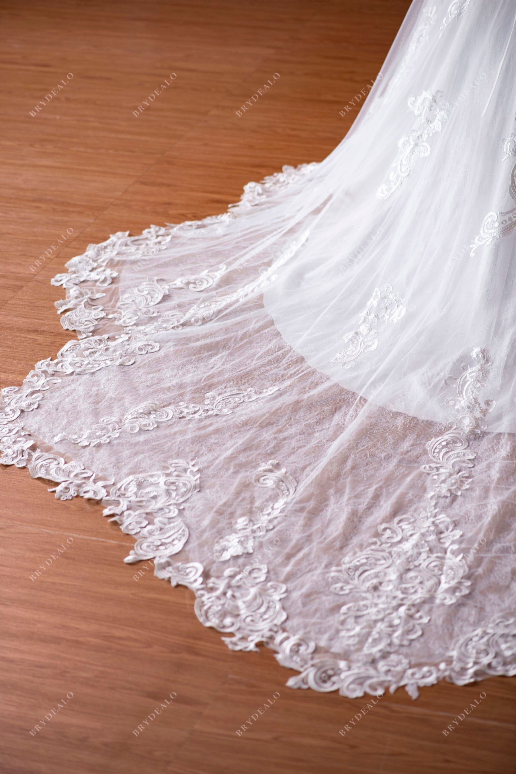 lace cutout chapel train wedding gown