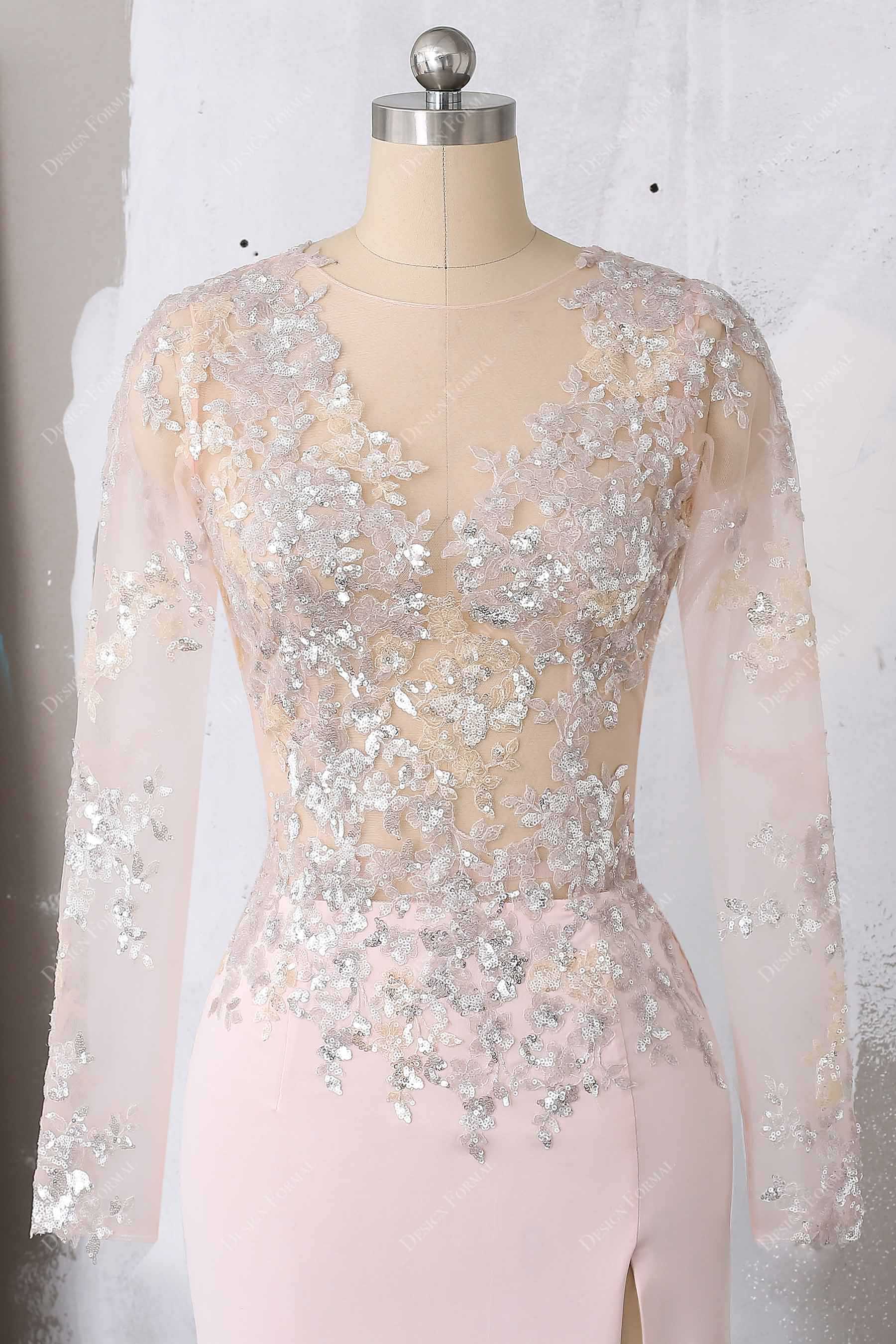 long sleeve pink sequined appliques bodice