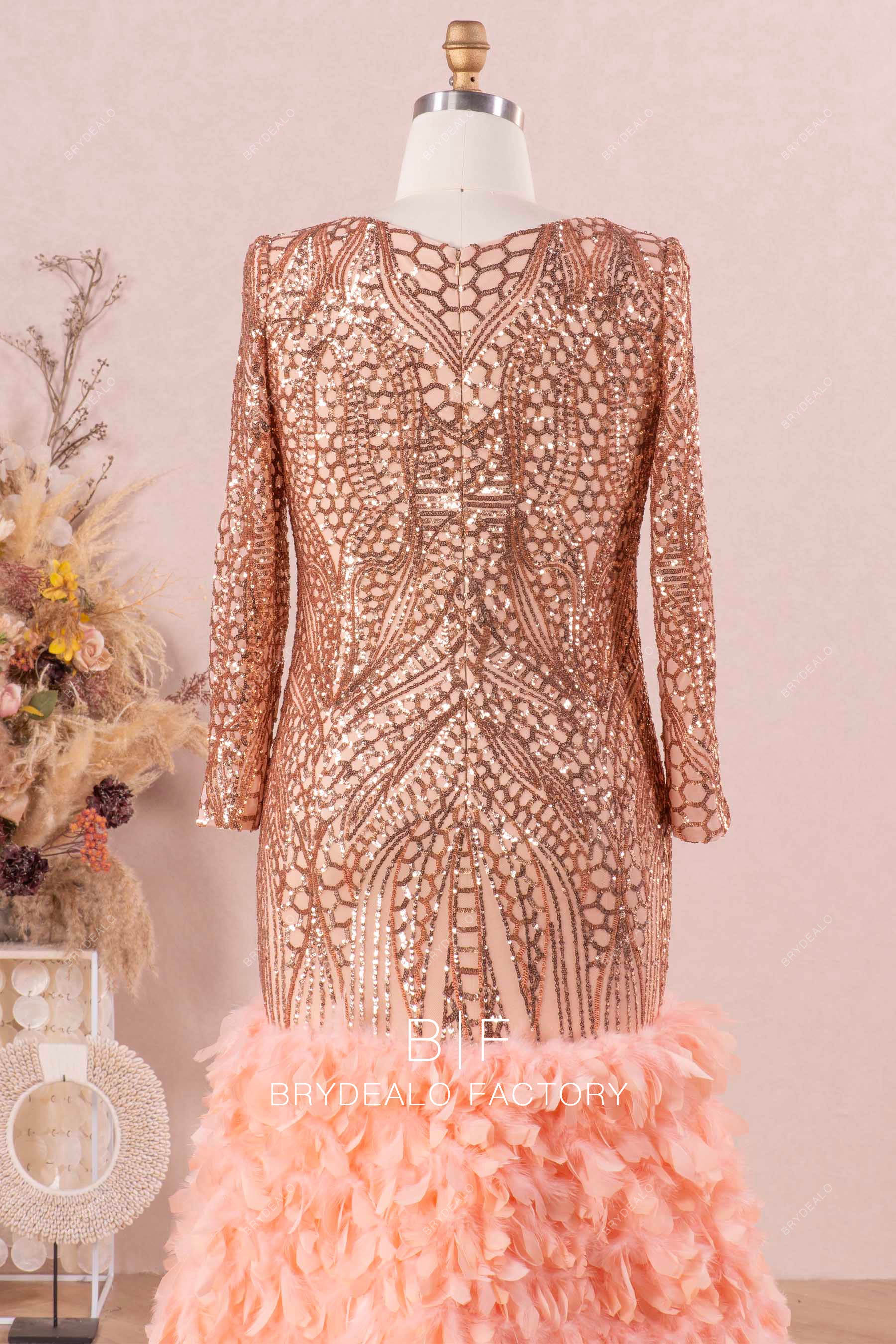 champagne long sleeve African American sequin prom dress