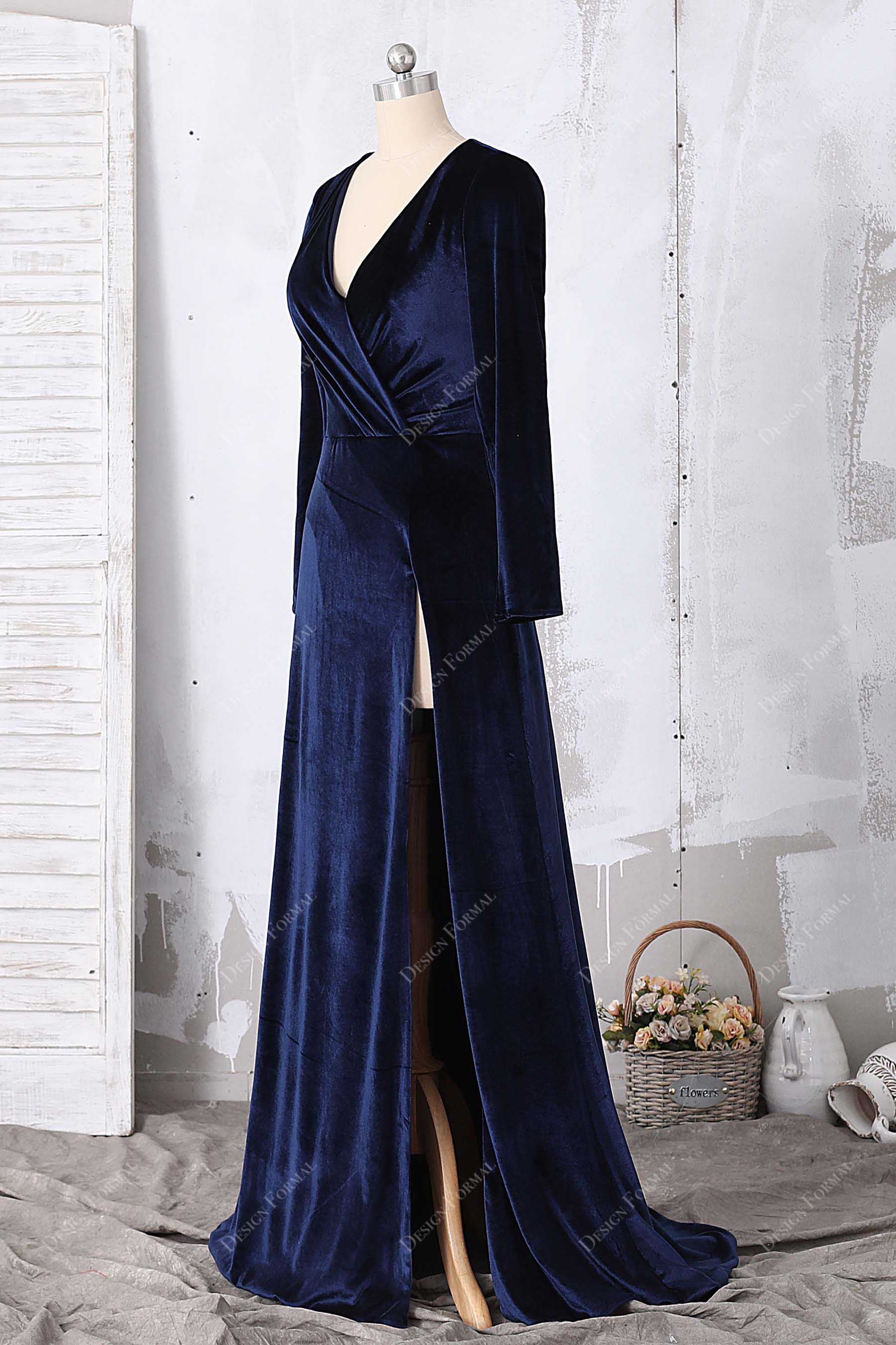 long sleeve slit navy prom gown