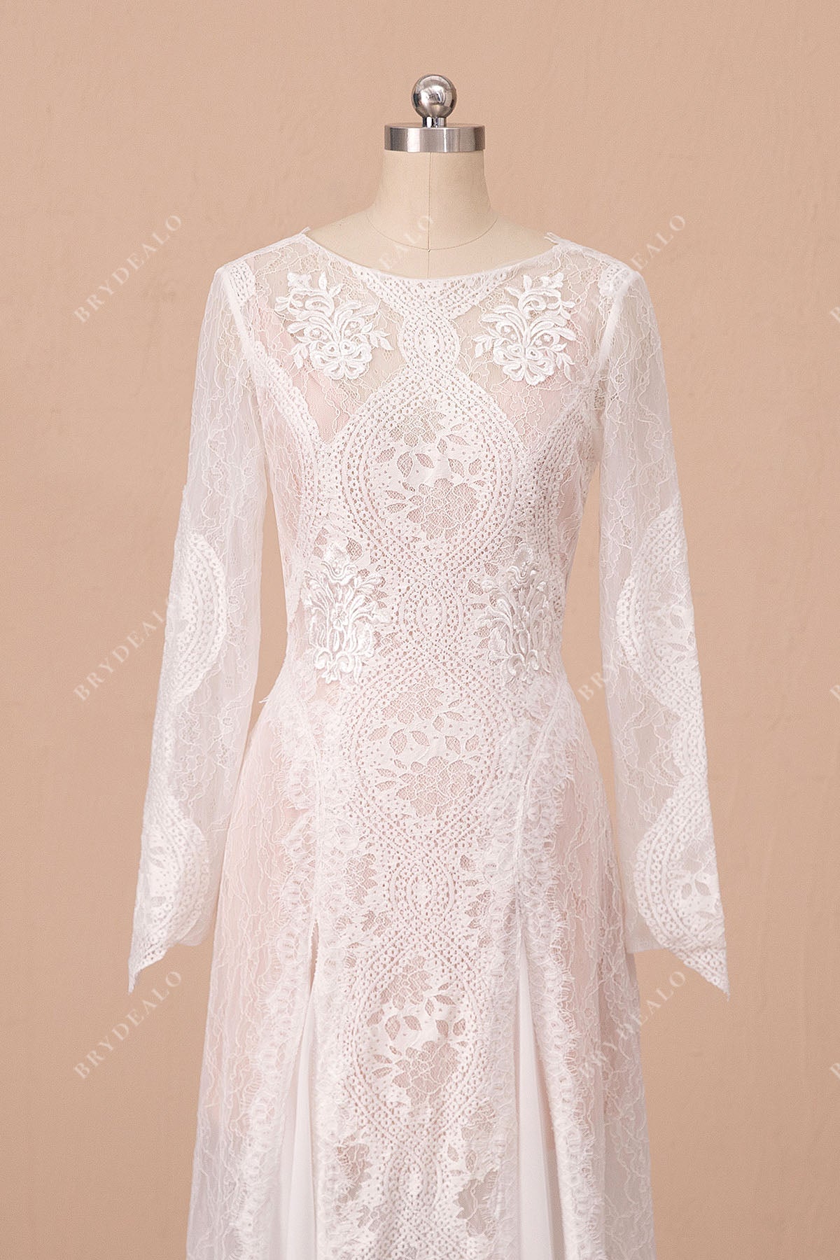 long sleeves beteau neck lace summer bridal gown