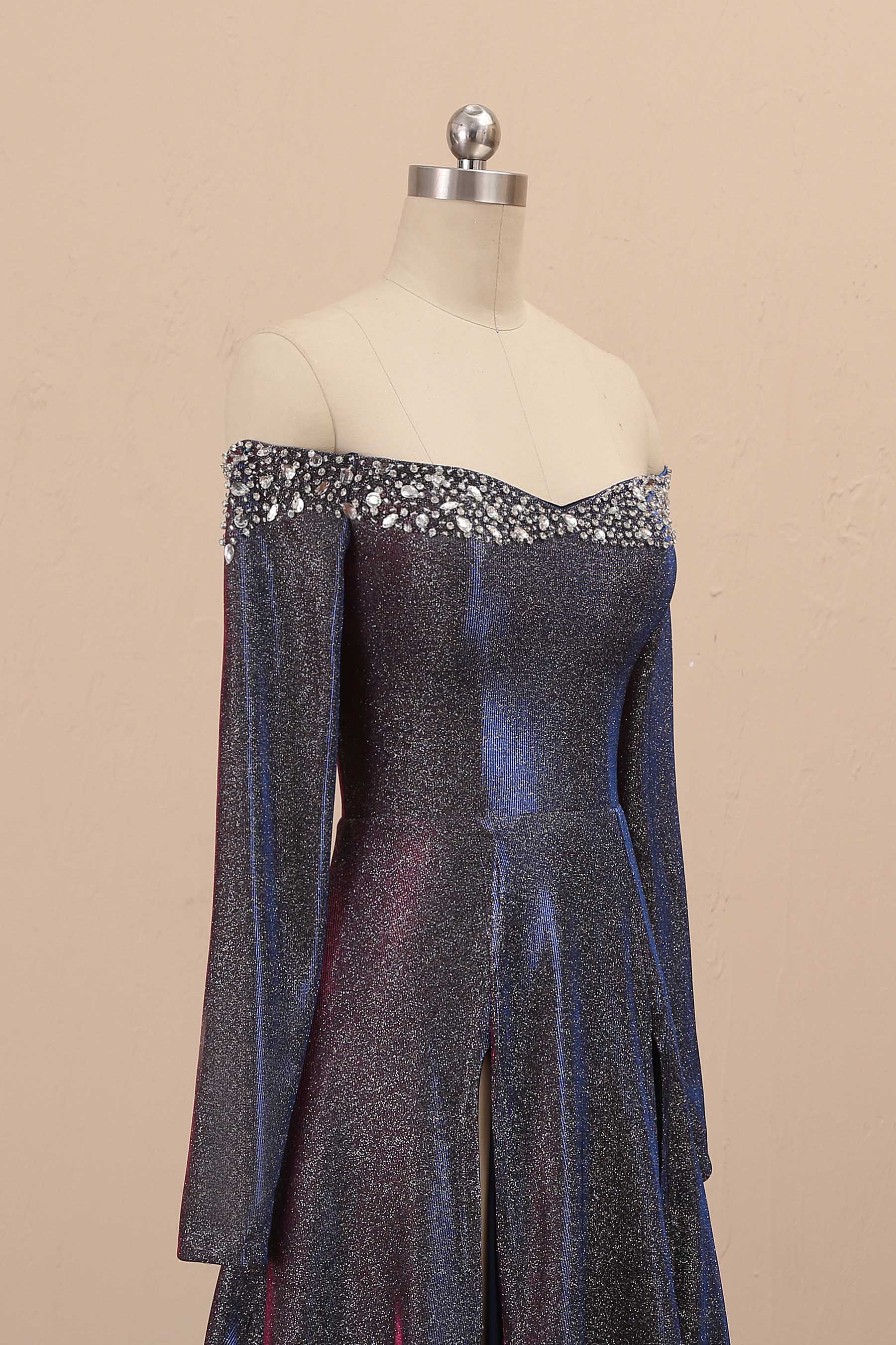 Long Sleeve Iridescent Glitter Off-shoulder Dress