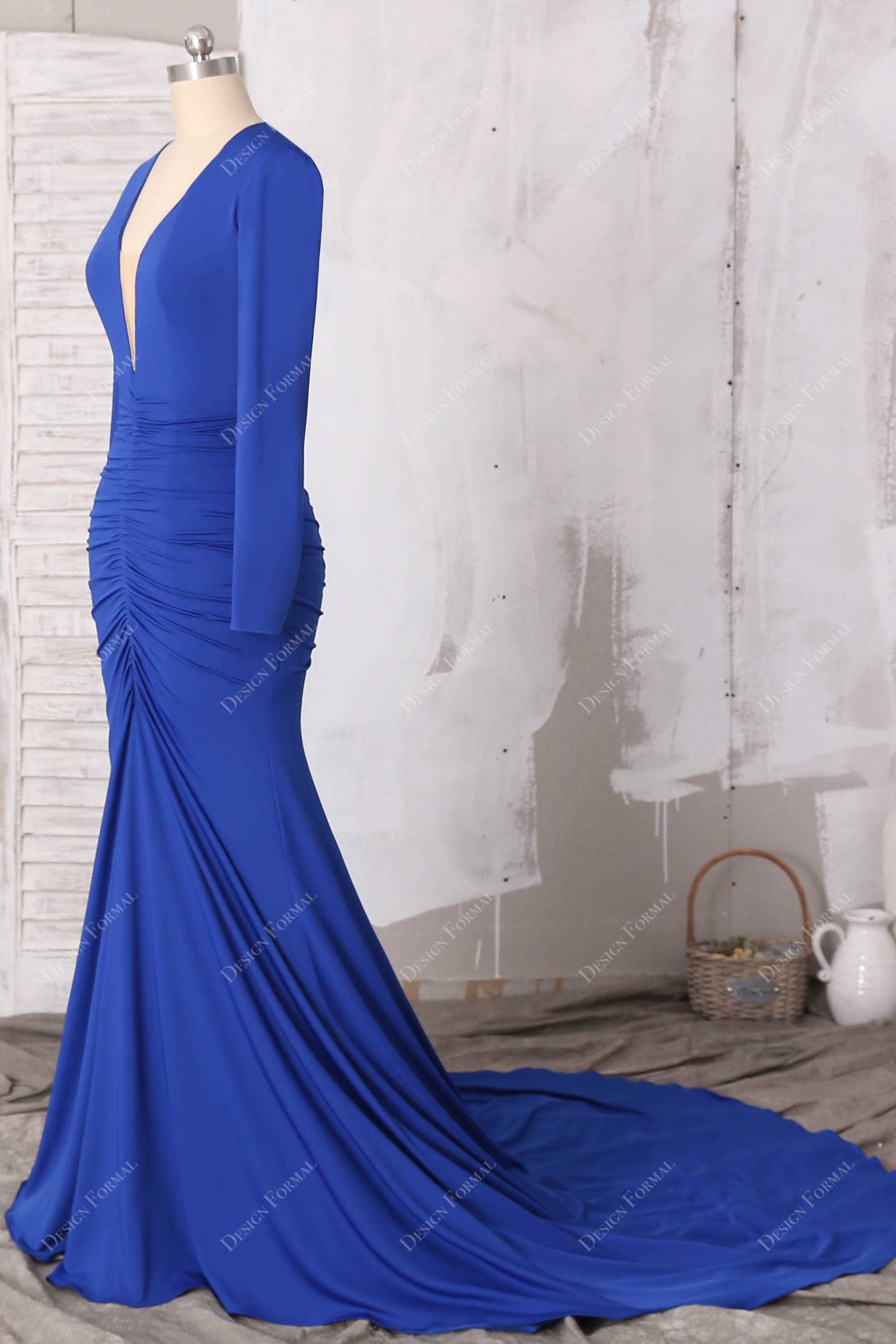 long sleeves pleated jersey mermaid prom gown