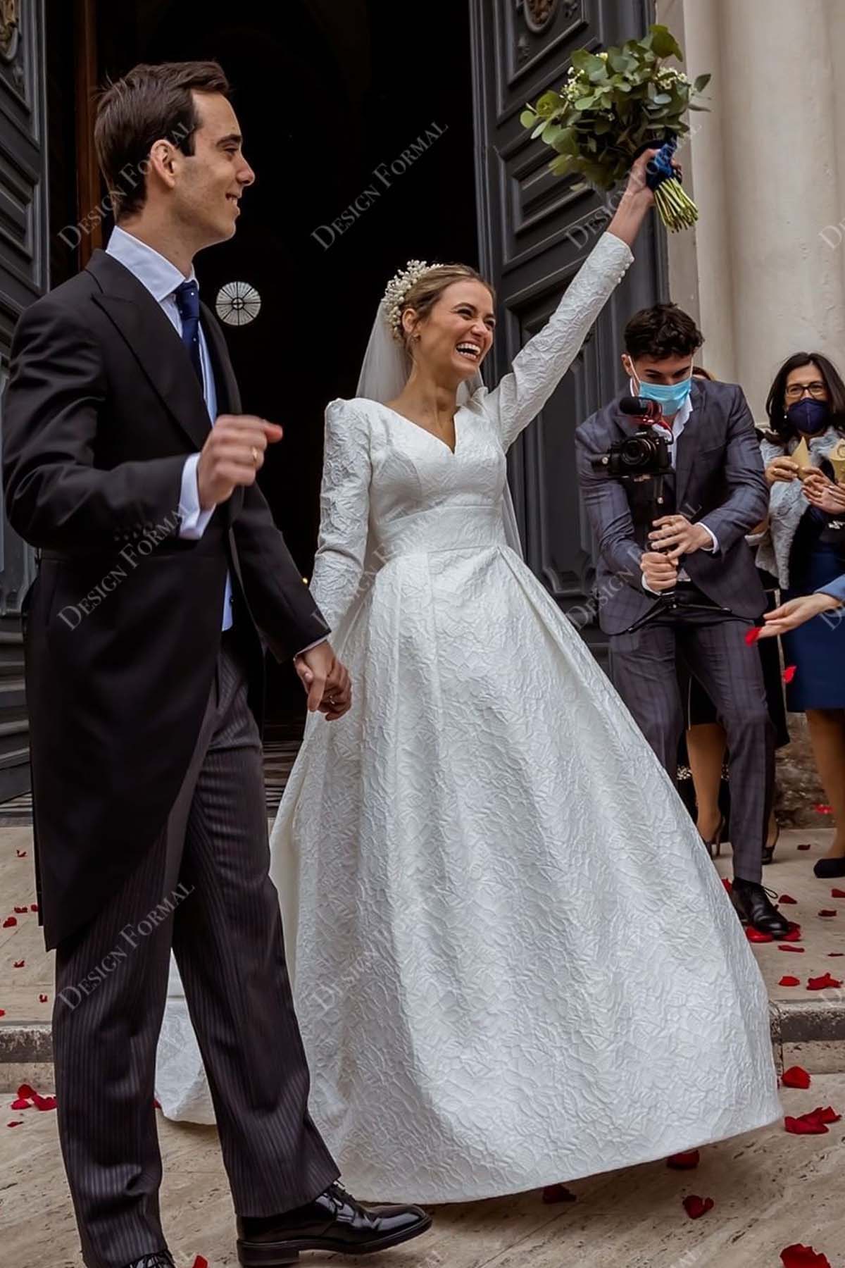 long sleeves V-neck textured ballgown floor length wedding dress
