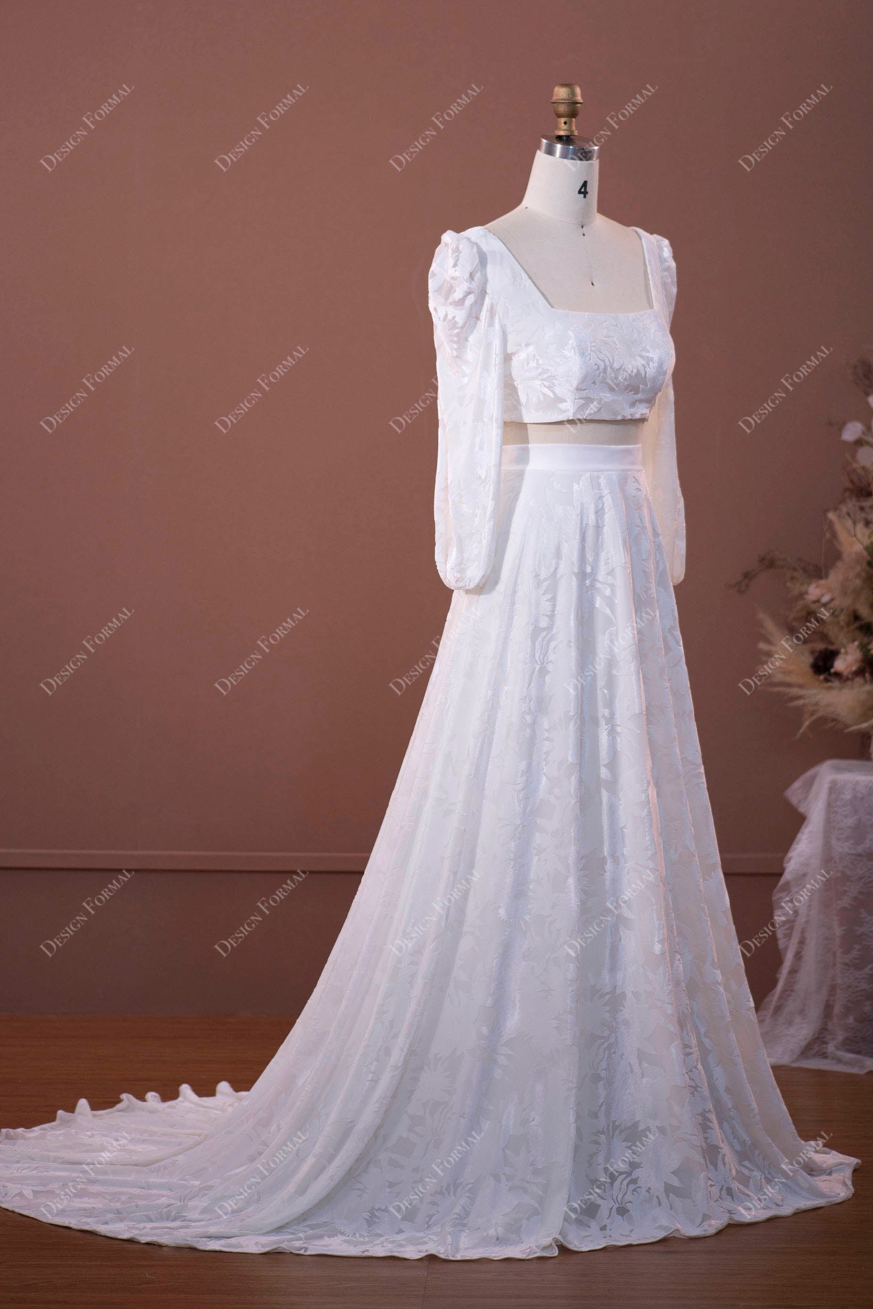 two-piece long sleeves A-line bridal gown