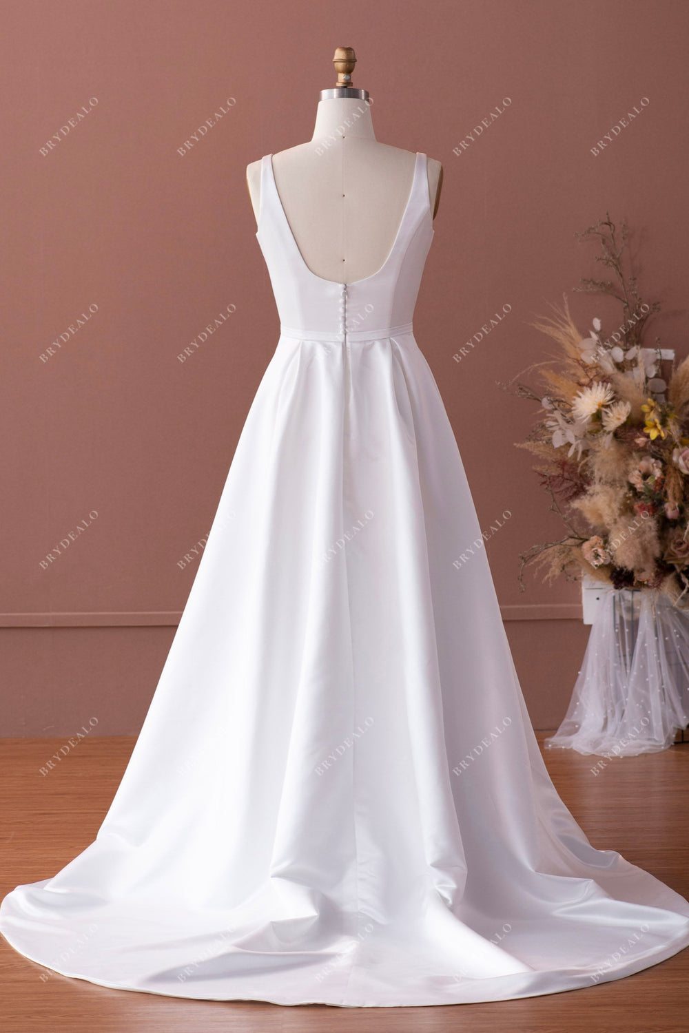 Simple Scoop Neck Satin Modest Court Train A-line Wedding Dress