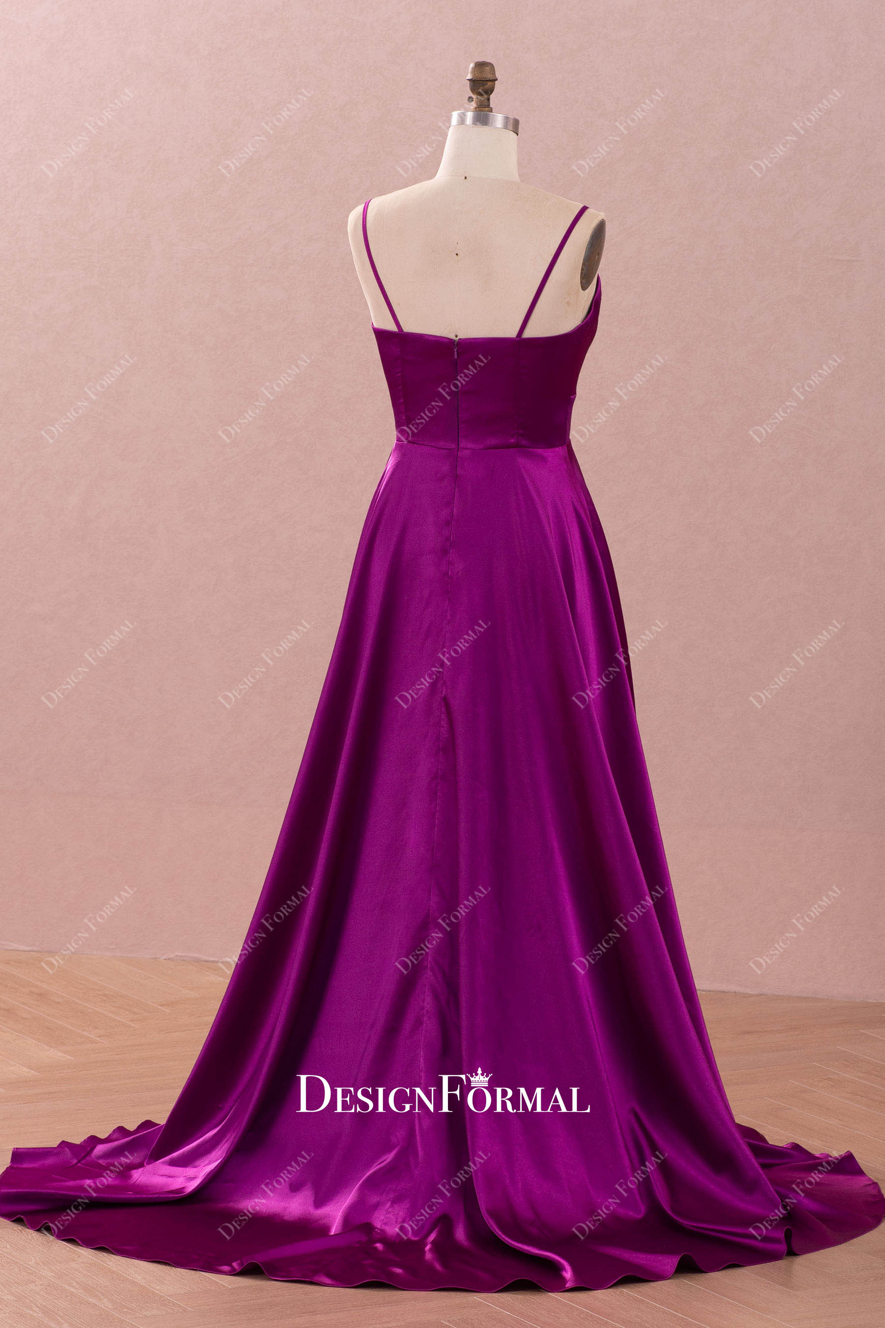 fuchsia thin straps sleeveless silky satin prom dress