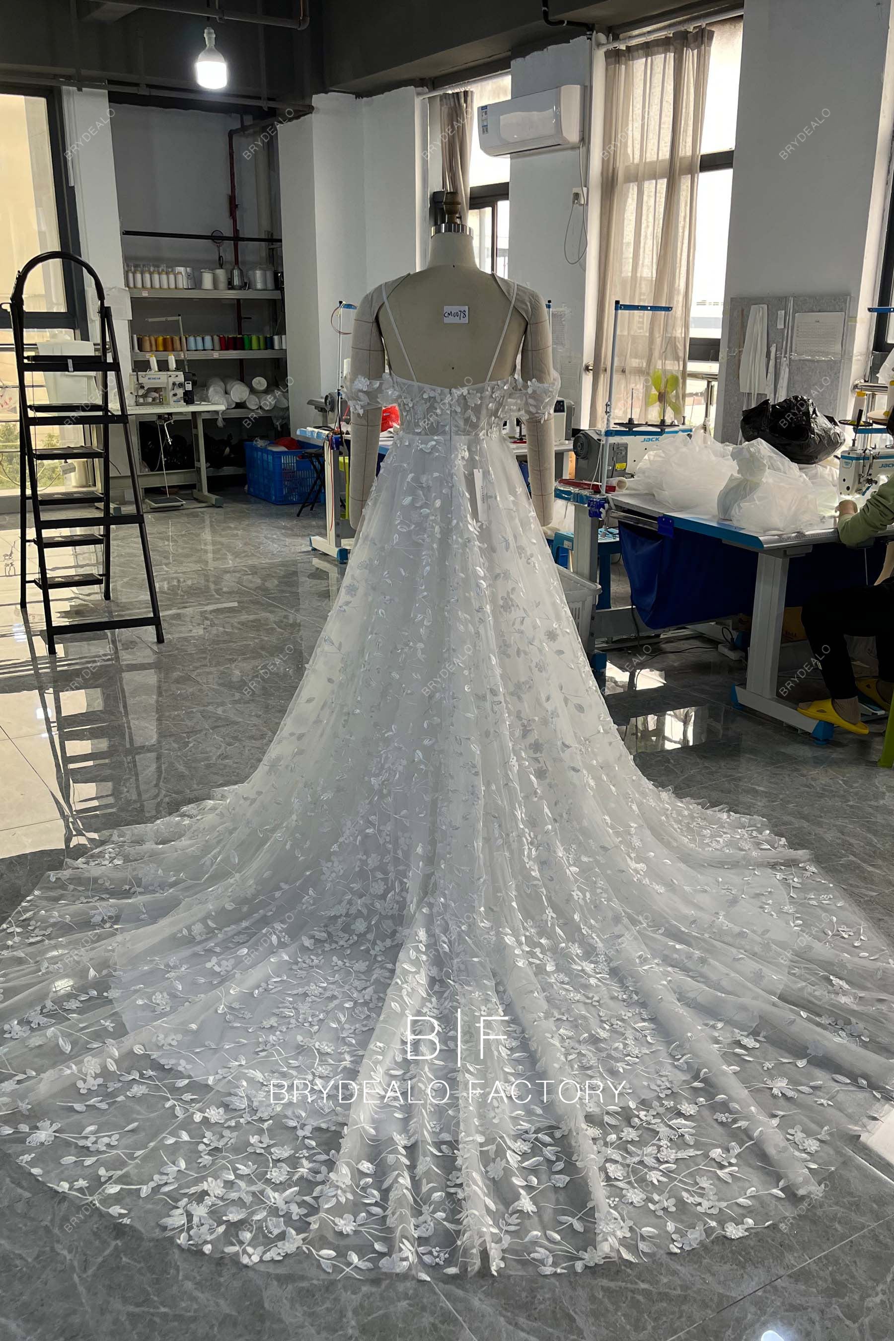 long train off shoulder 3D flower wedding dress