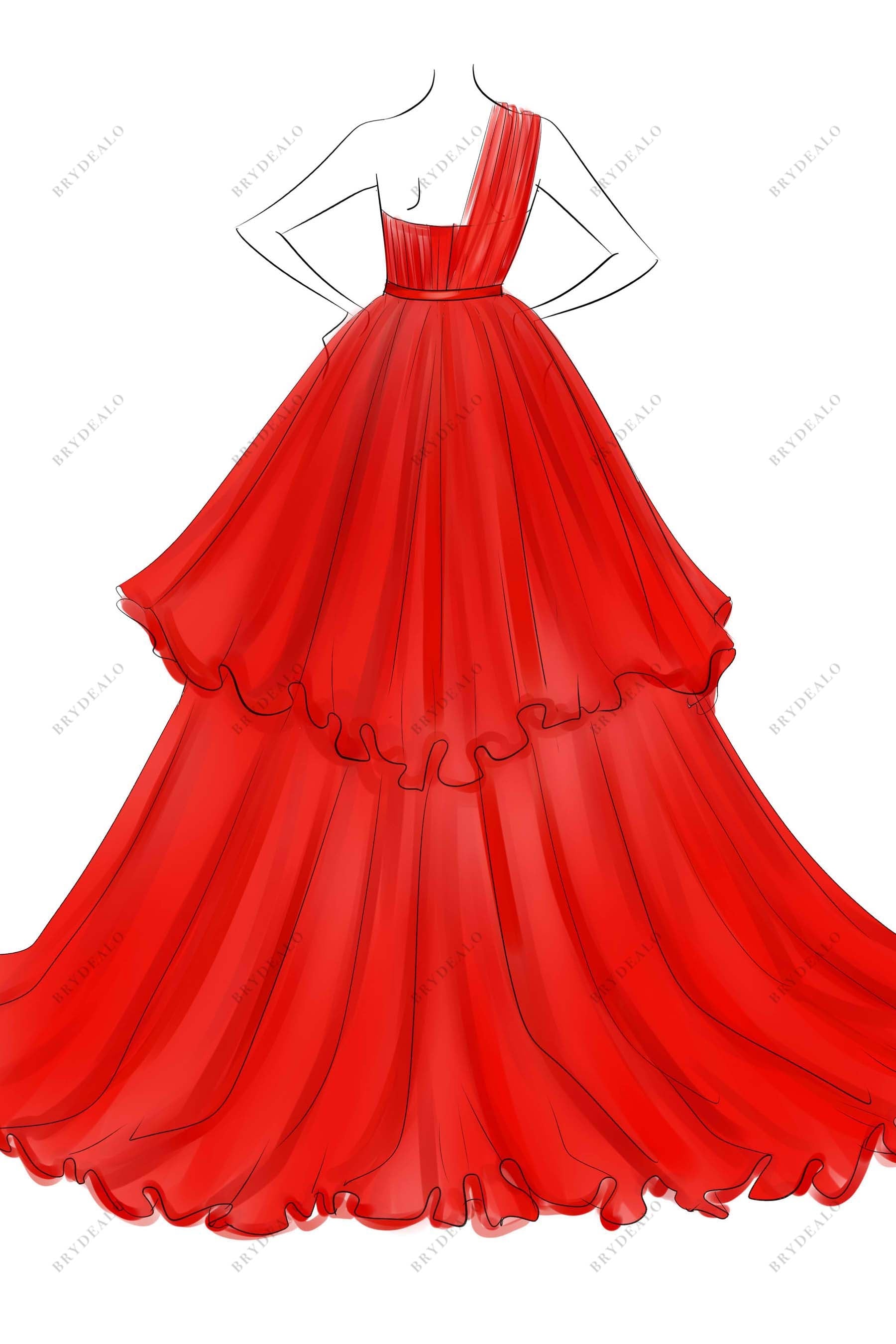 long train tiered A-line prom ball gown sketch