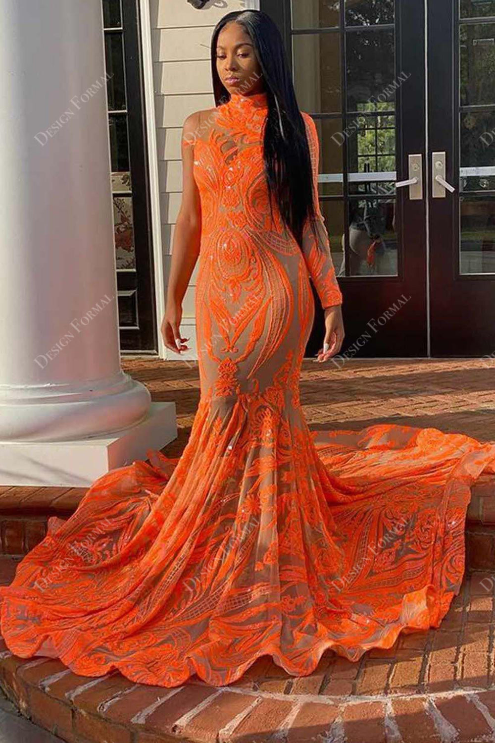 Orange Sequin Off Shoulder Long Sleeve Trumpet Long Train Prom Dress main image 0