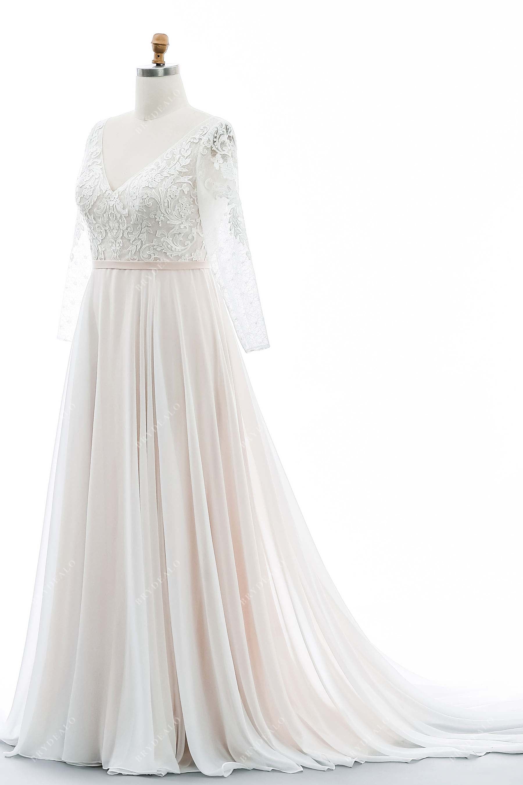 lightweight long train sheer sleeved bridal dress