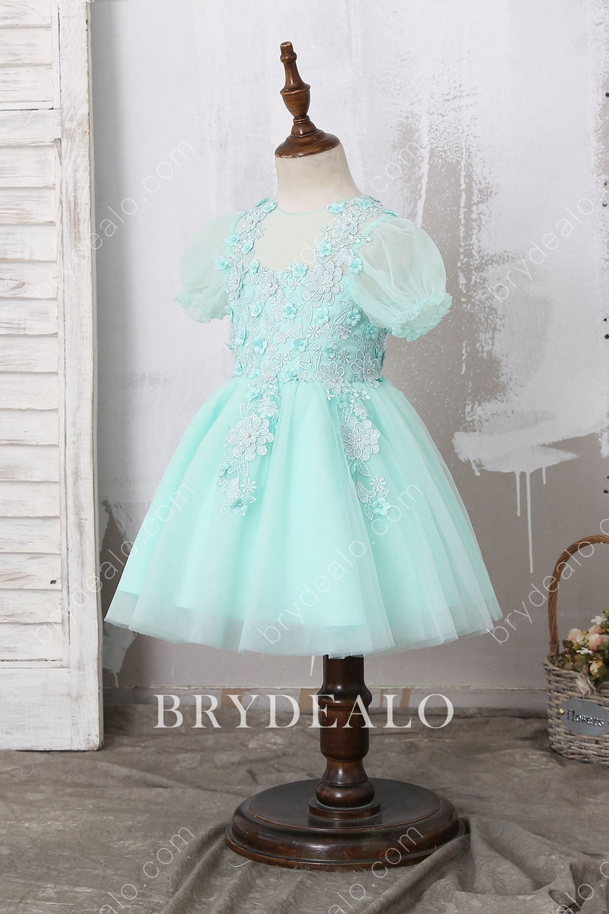 Bubble Sleeve Lace Mint Flower Girl Dress for less