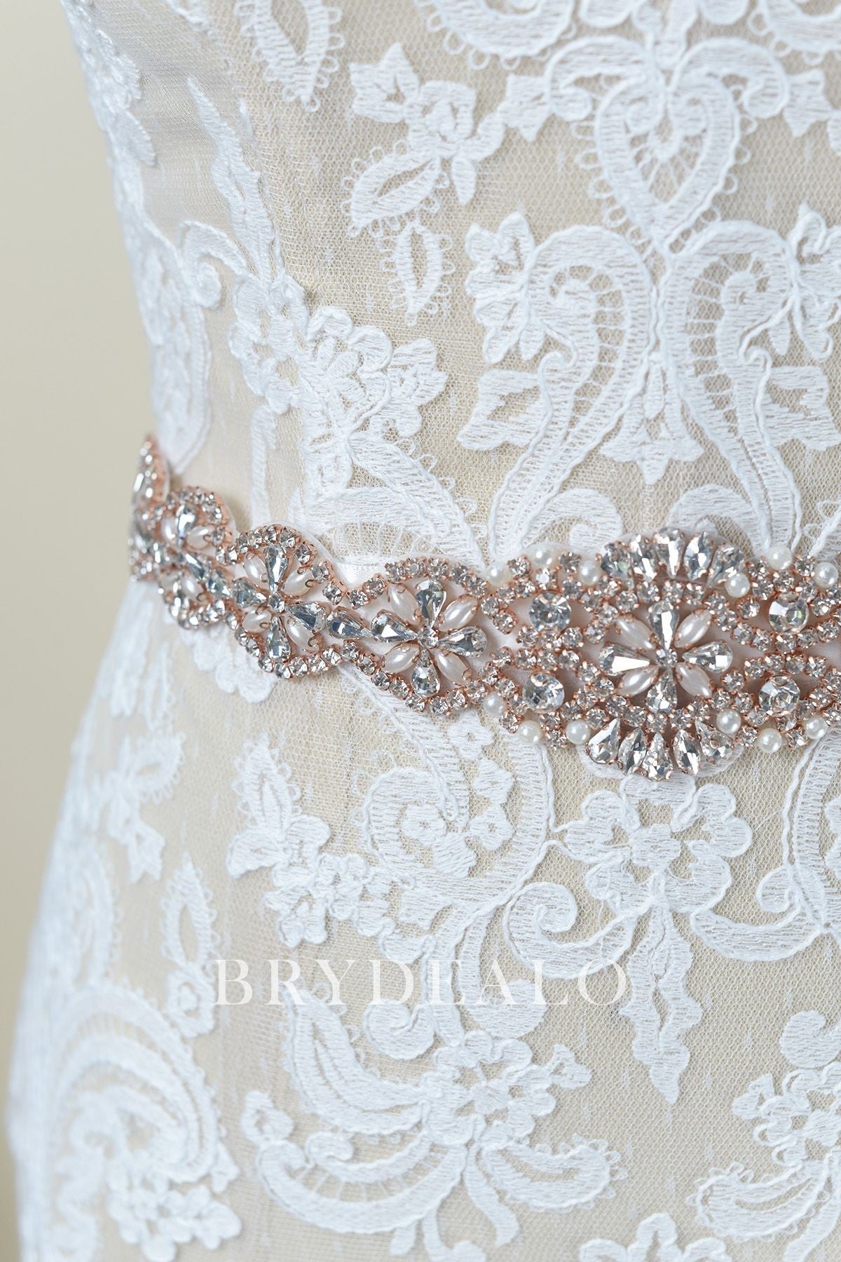 Designer Crystals Pearls Rose Gold Bridal Sash