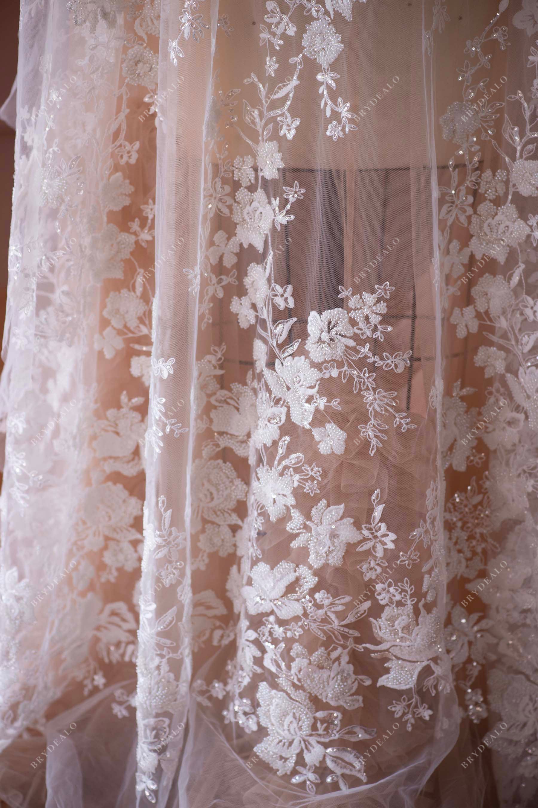 Designer Beaded Flower Bridal Lace Fabric for Dresses