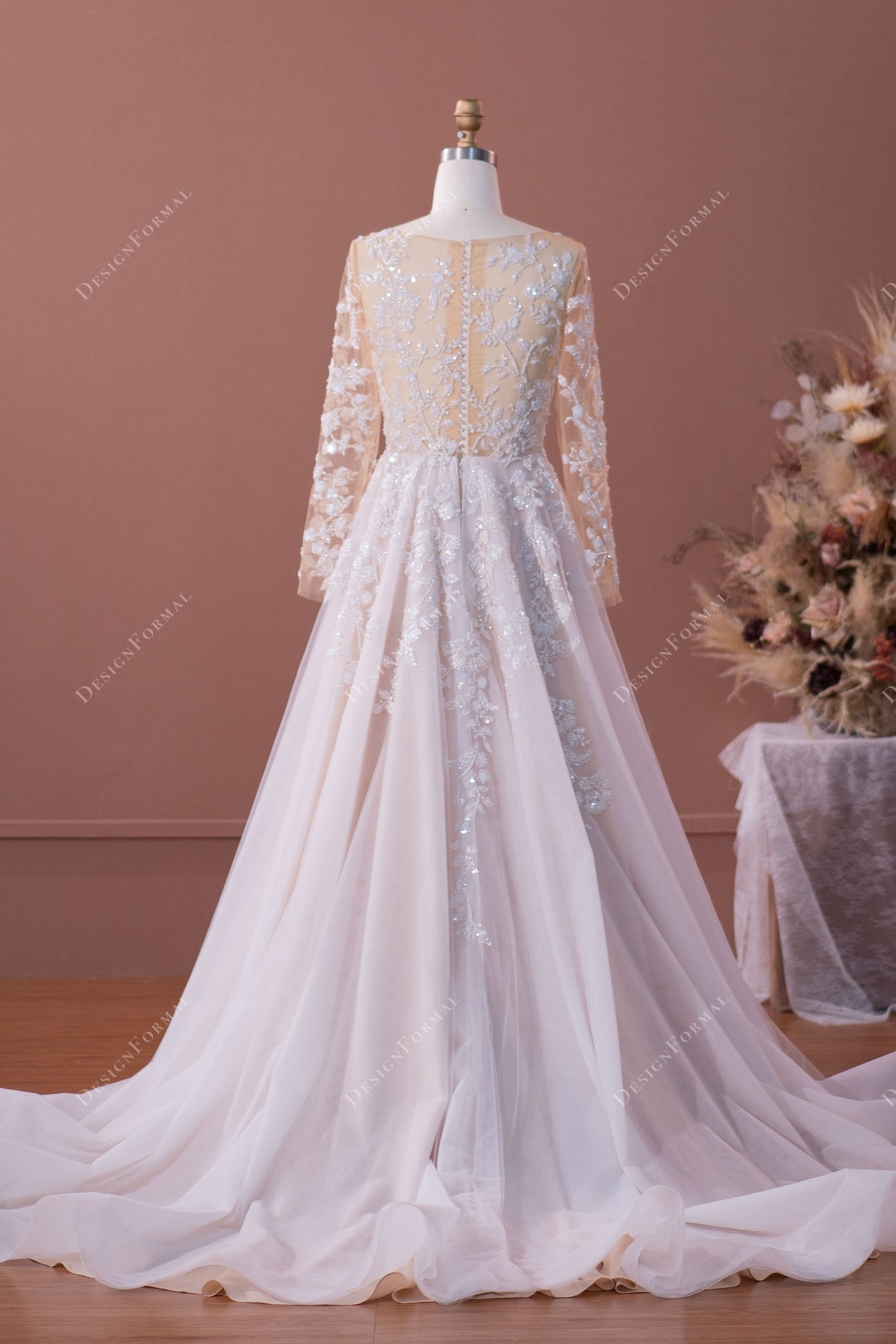 luxury beaded lace illusion back A-line wedding gown