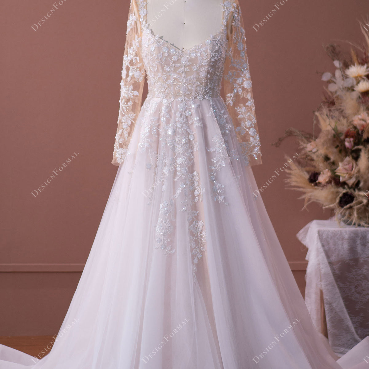 Luxurious Illusion Sleeved Lace A-Line Nude Pink Bridal Dress, White