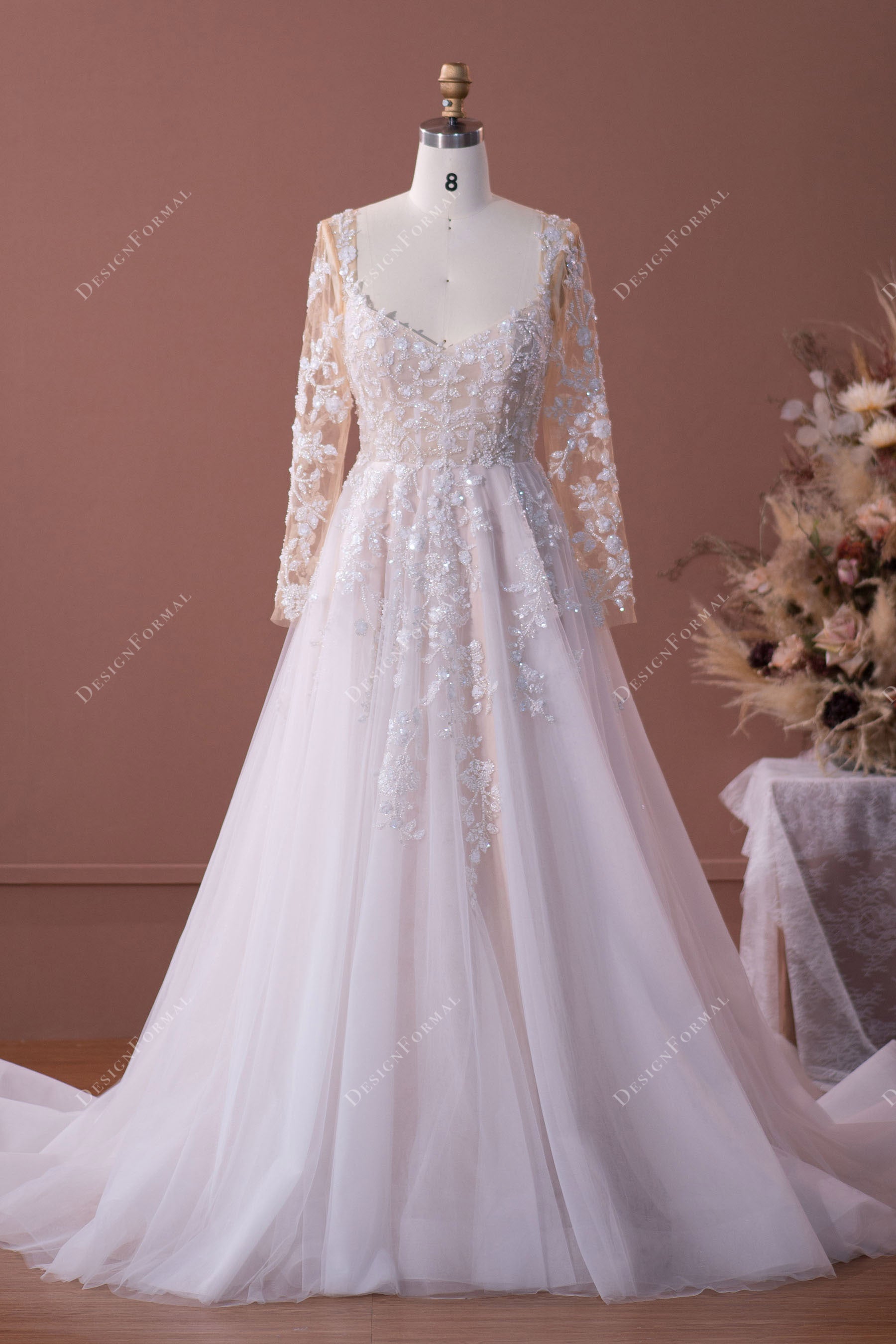 luxury beaded lace long sleeves A-line wedding dress