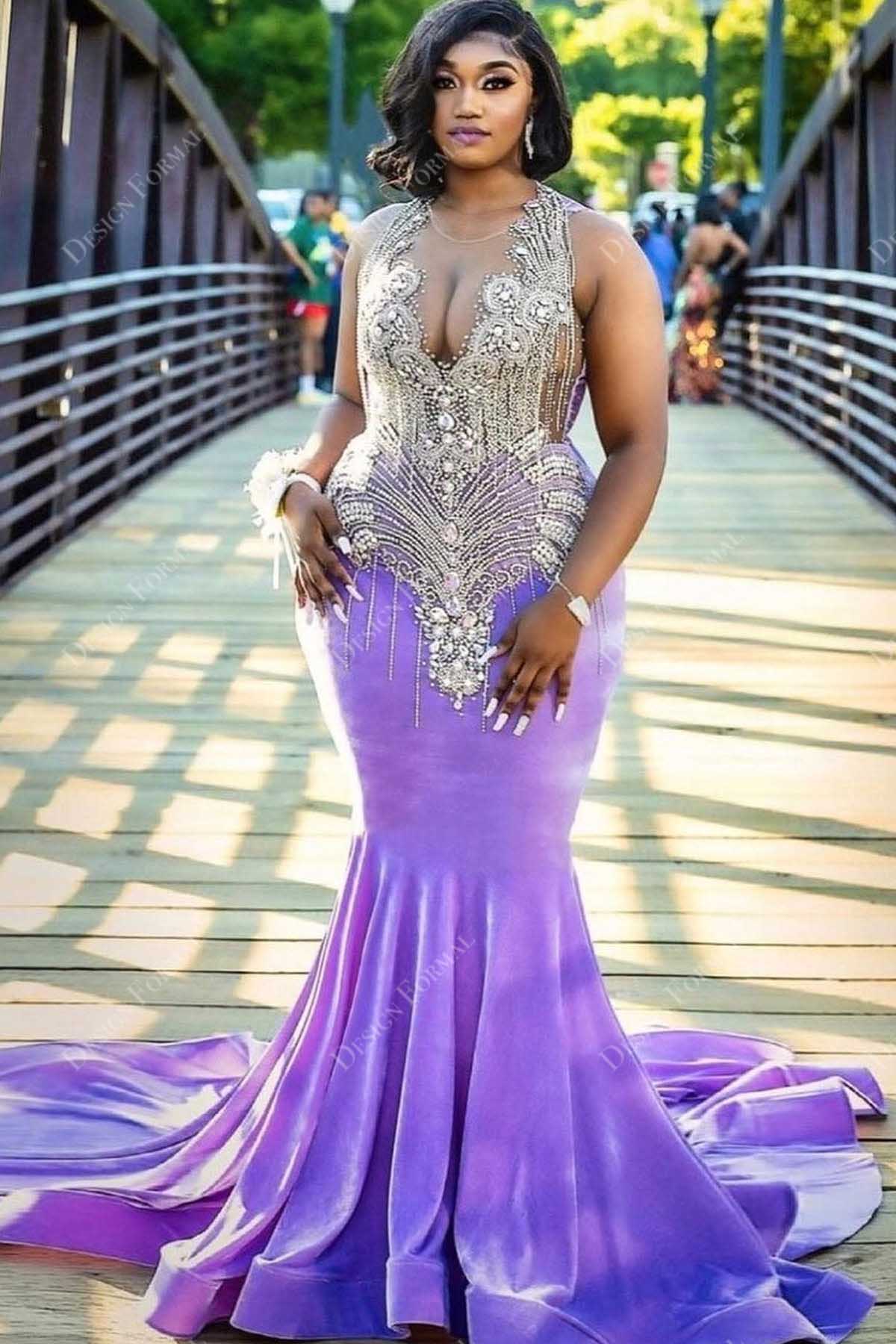 luxury beaded plunging neck lilac jersey mermaid gown