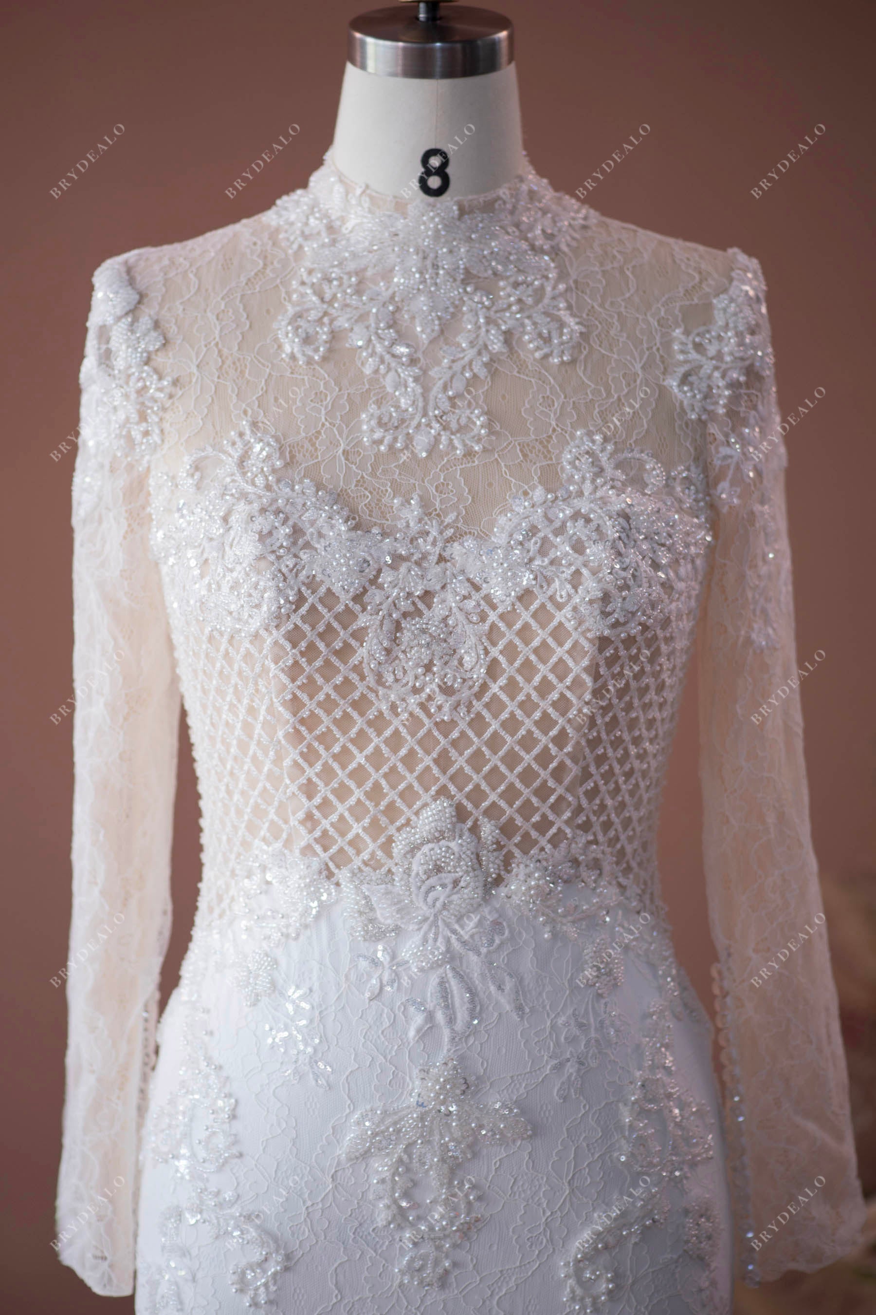 modern sheer sleeves luxury beaded wedding dress