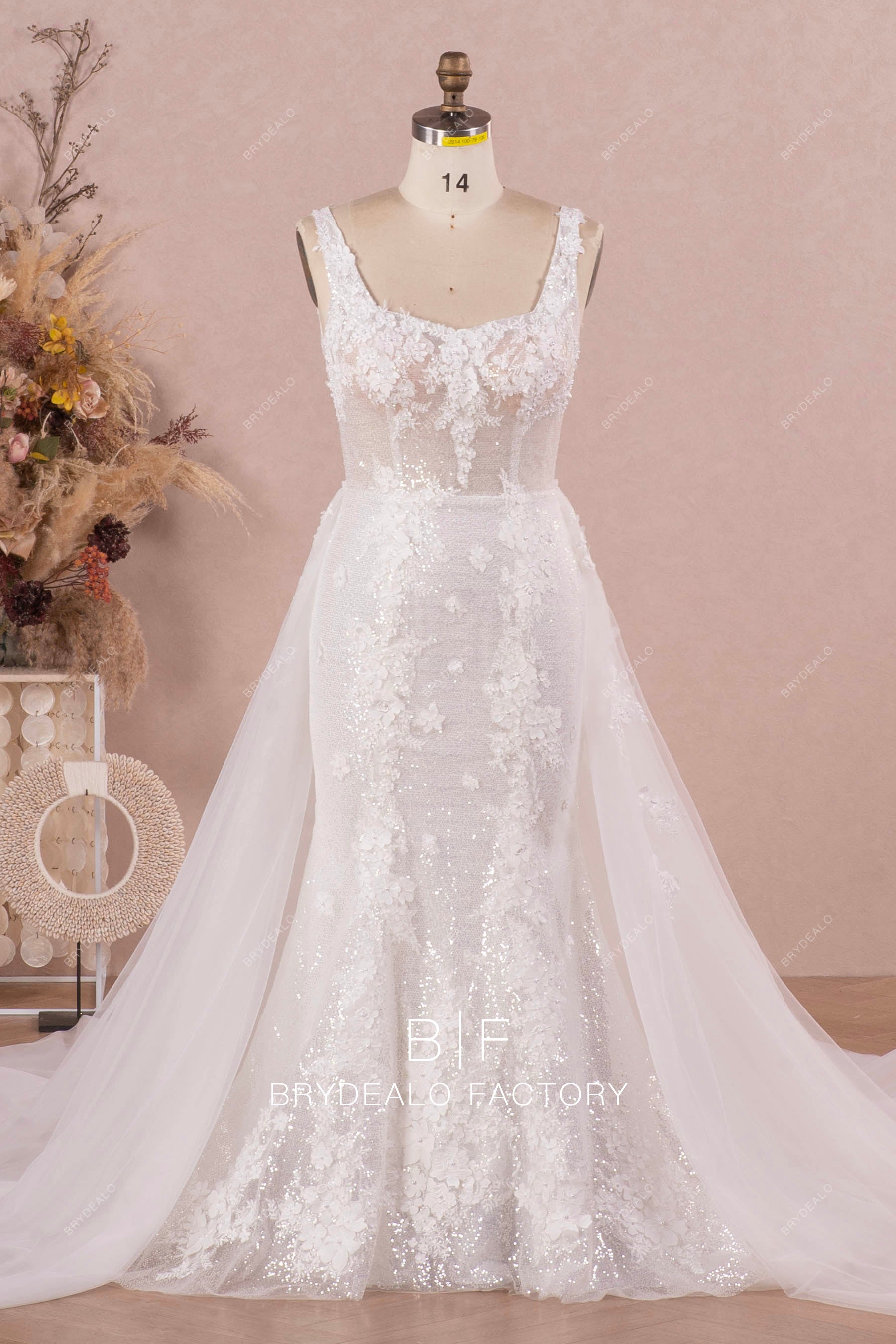 Designer 3D Lace Mermaid Wedding Dress with Overskirt