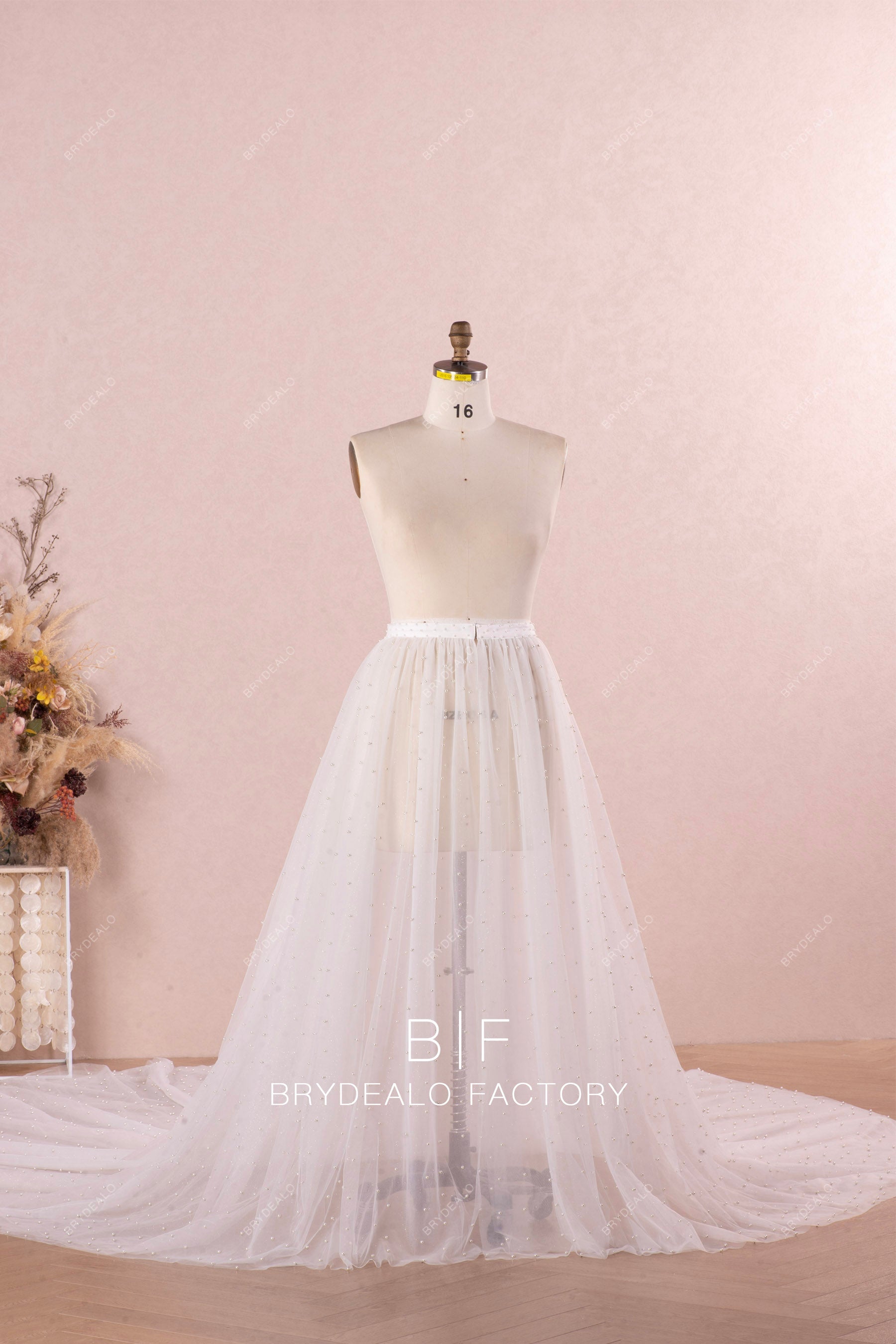 removable luxury pearls long train bridal overskirt