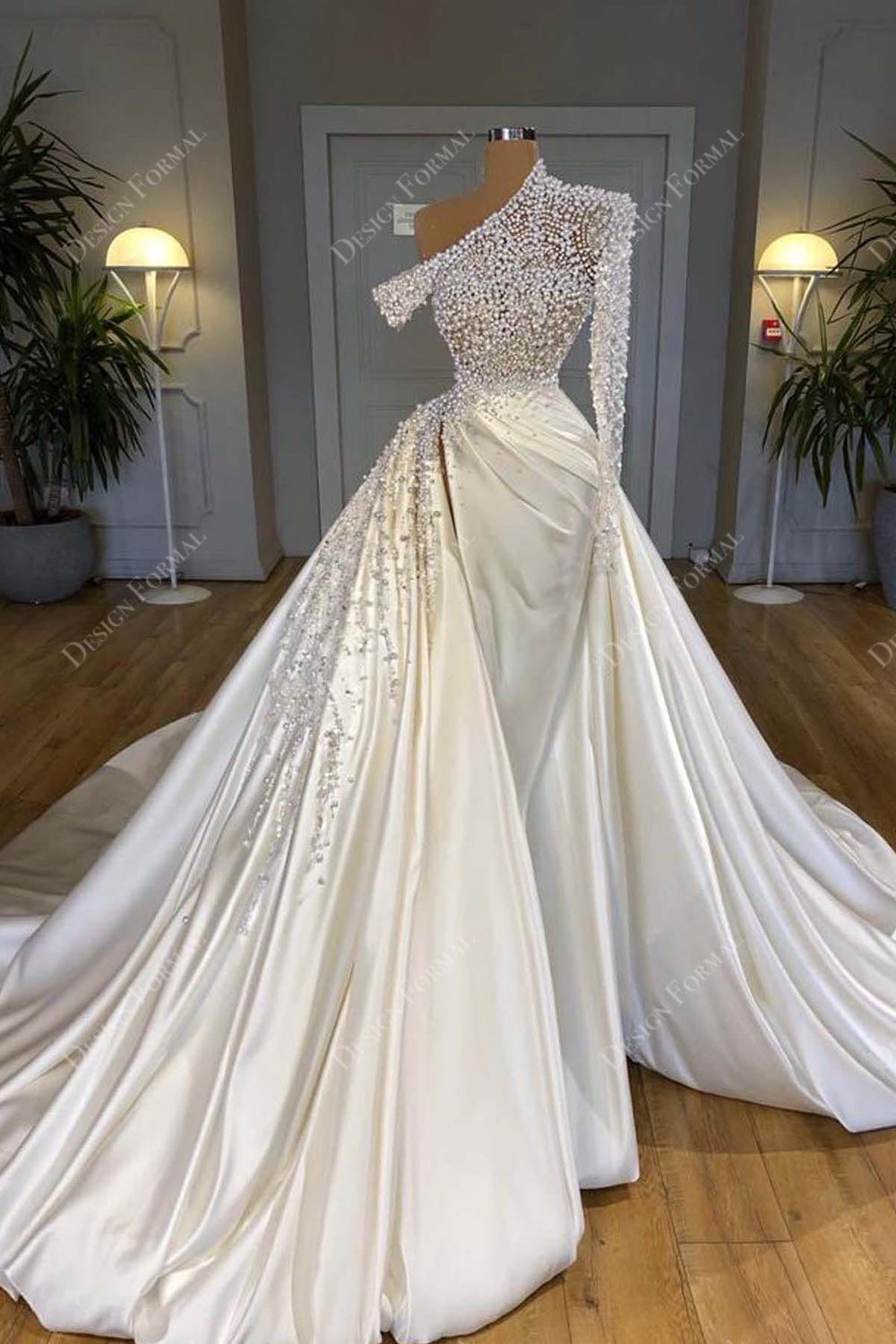 Designer Pearls One Sleeve Satin Overskirt Wedding Dress