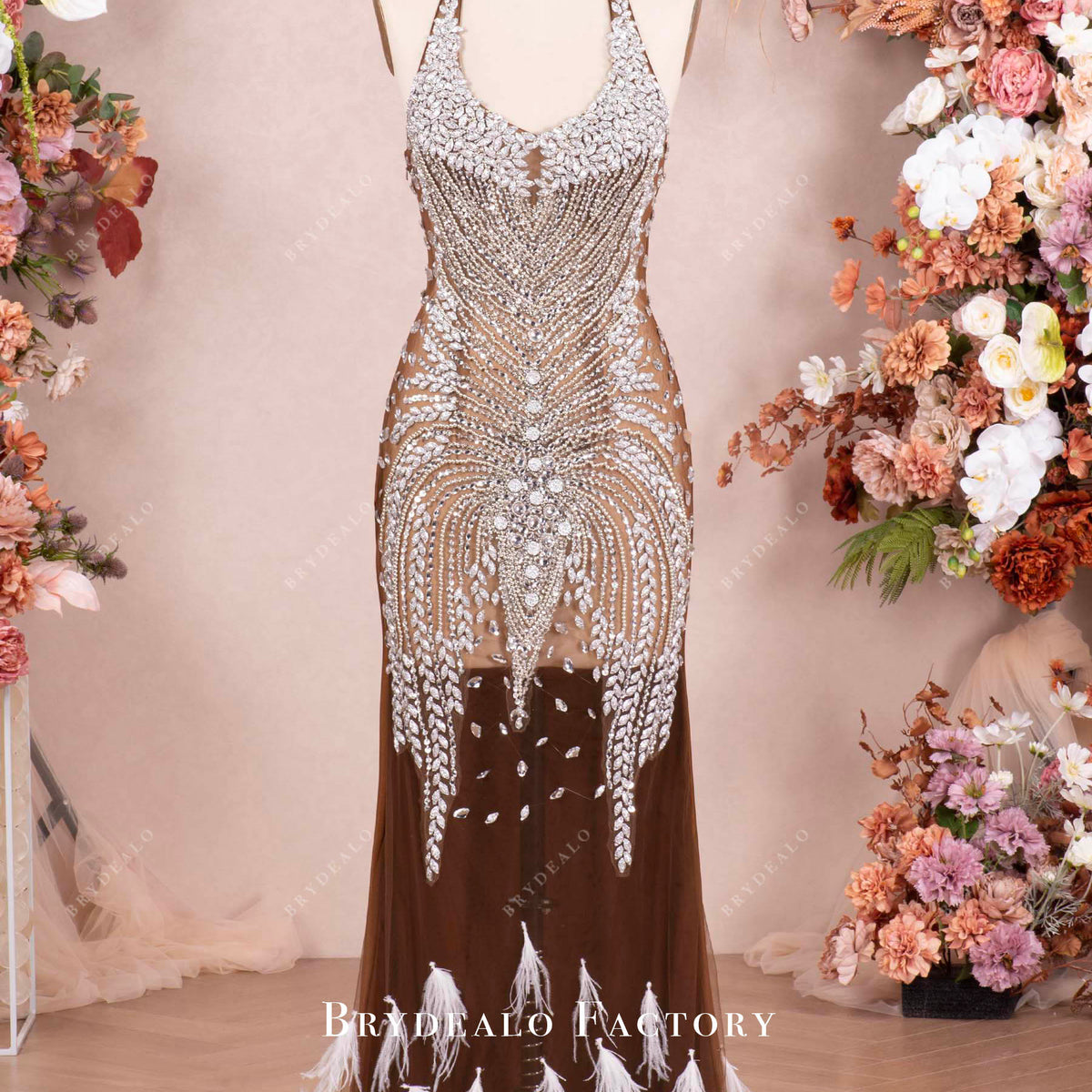 Luxury Rhinestone Brown Nude Illusion Fit and Flare Feather Prom Dress