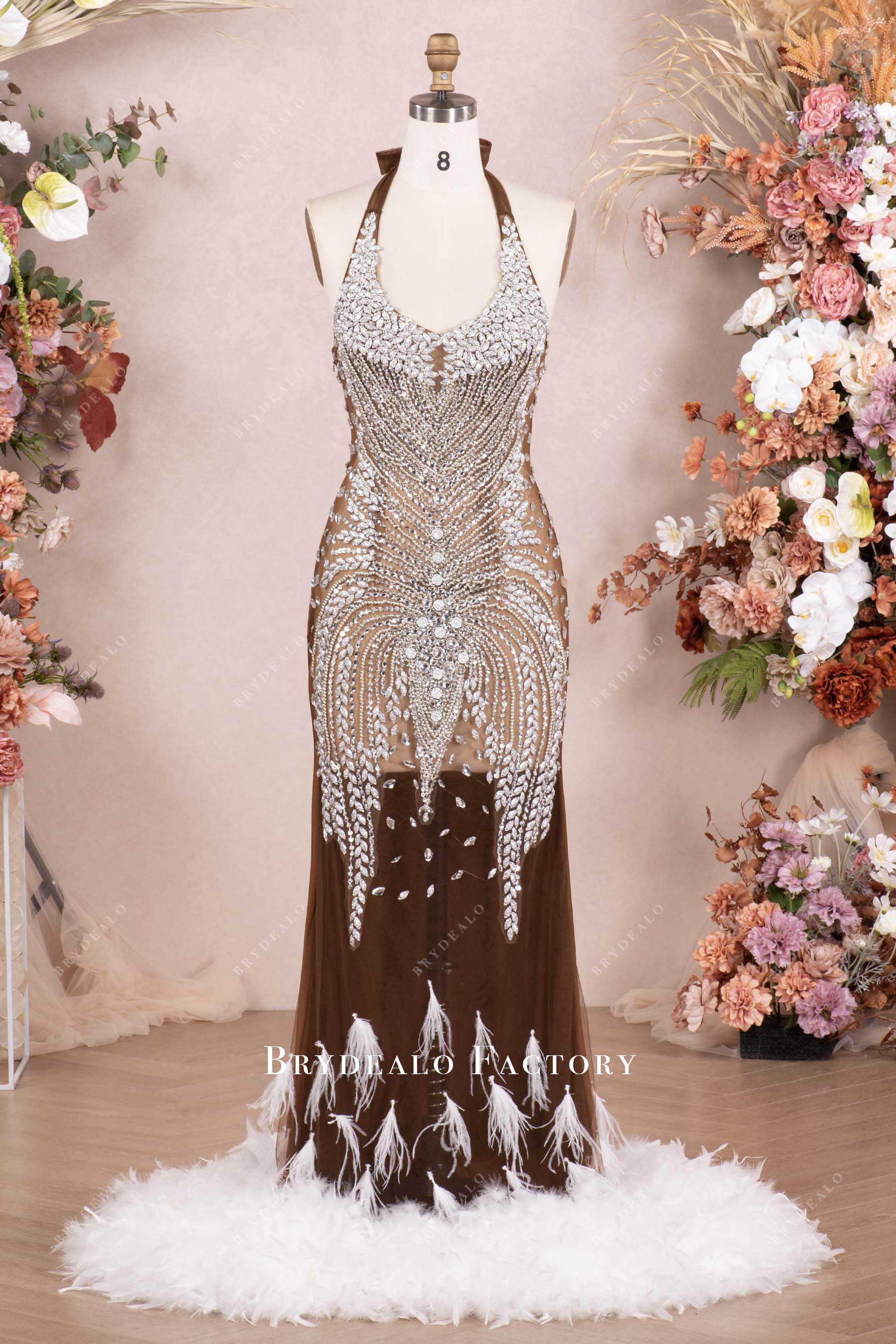 sparkly luxury rhinestone feathers prom dress