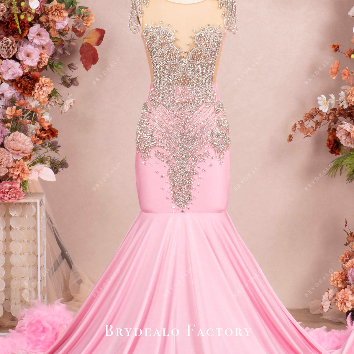 Pink Bling Formal Dresses Rhinestones Pink Chapel Feather Train Sleeveless Mermaid Prom Dress Pink Bling Formal Dresses Rhinestones Pink Chapel Feather Train Sleeveless Mermaid Prom Dress