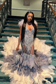 Silver Plunging Beaded Tassels Feathers Handmade Prom Dress