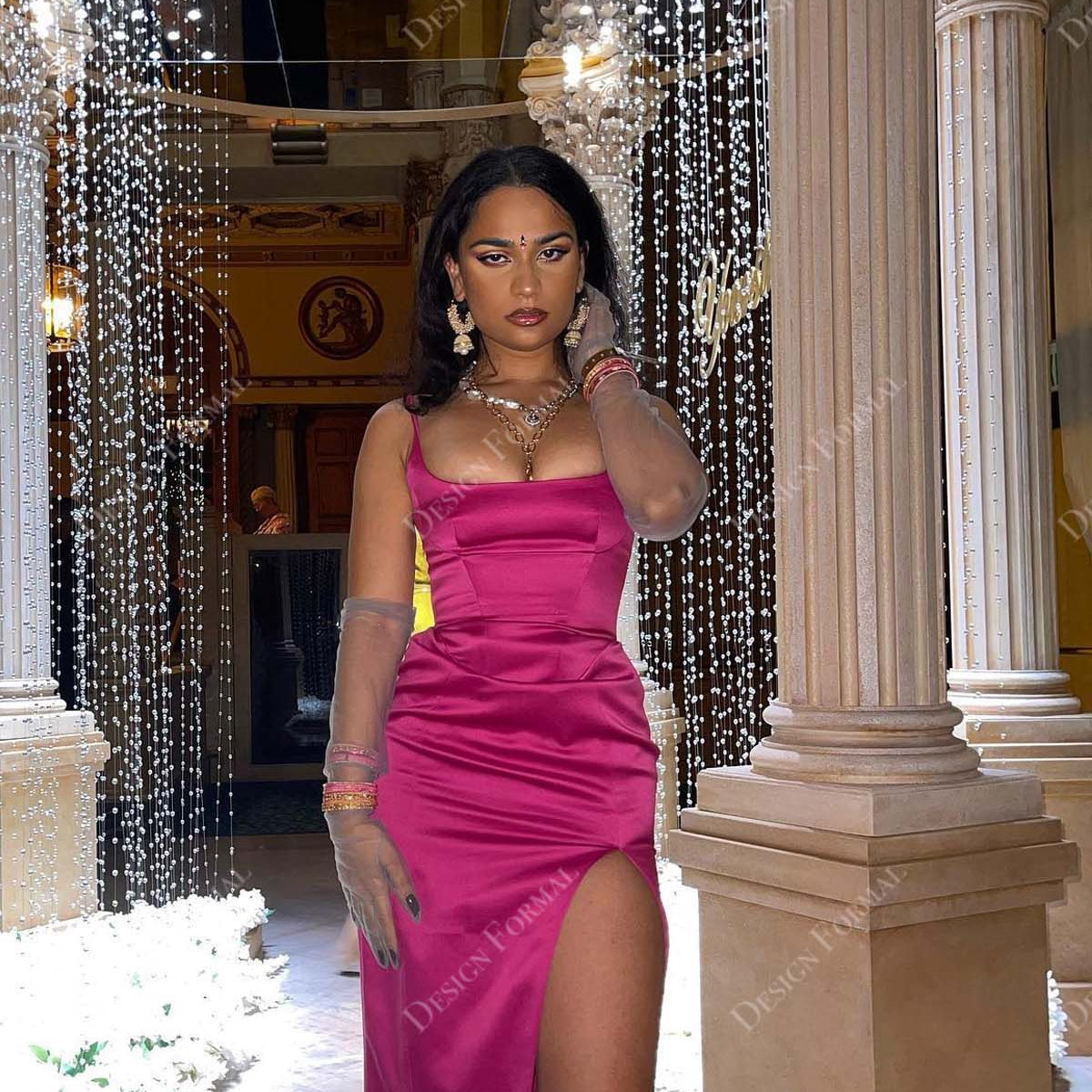 magenta cocktail dress Satin Square Neck Designer Slit Prom Gown Model wear S size One Day Mini Dress Magenta