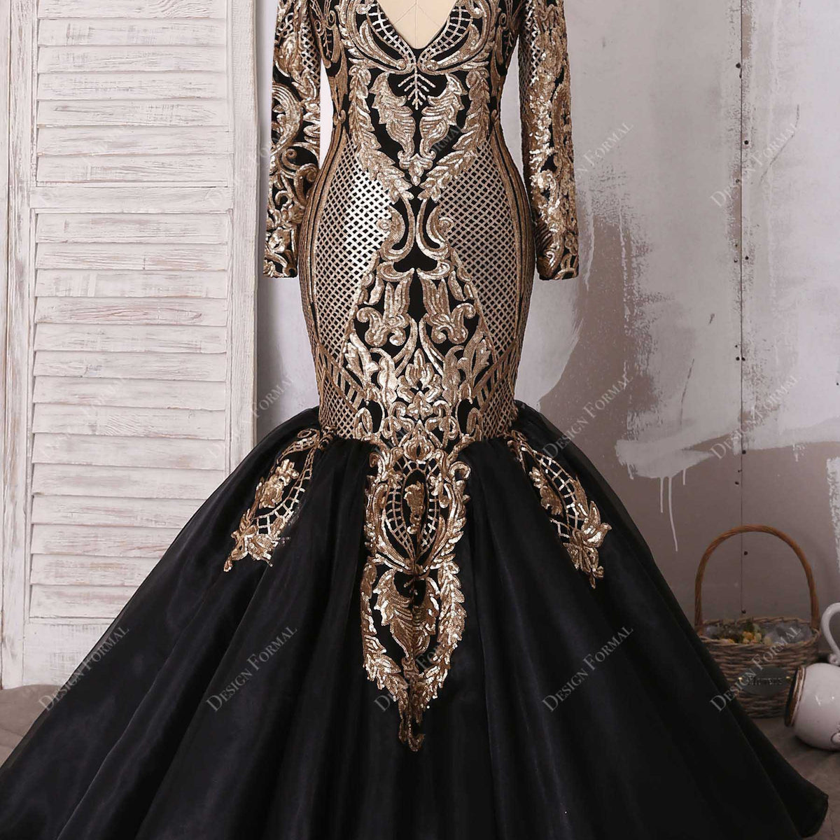 strapless open back dress Plus Size Unique Gold Sequin Black Organza Prom Dress