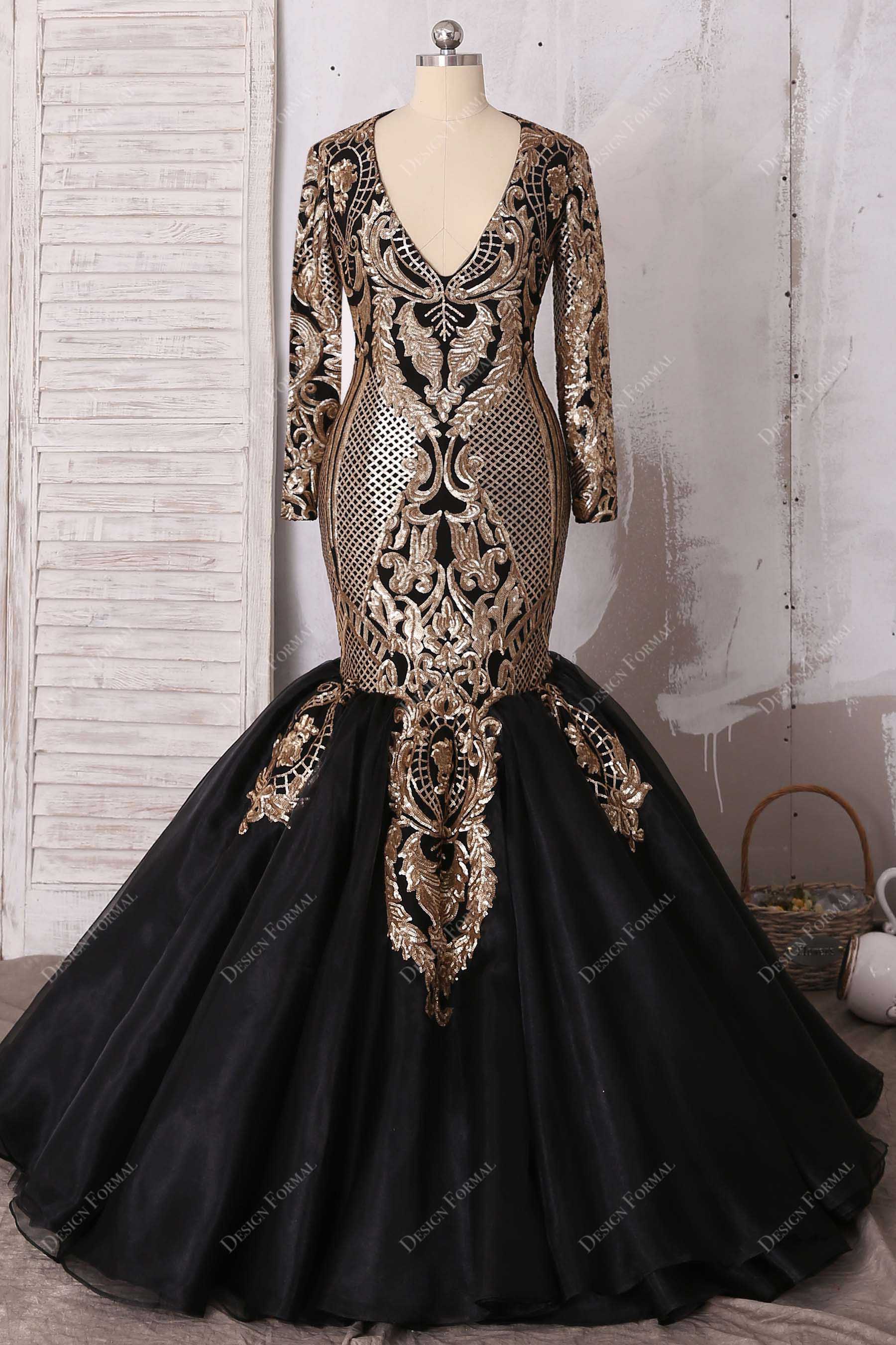 matte gold sequin black organza trumoet prom dress