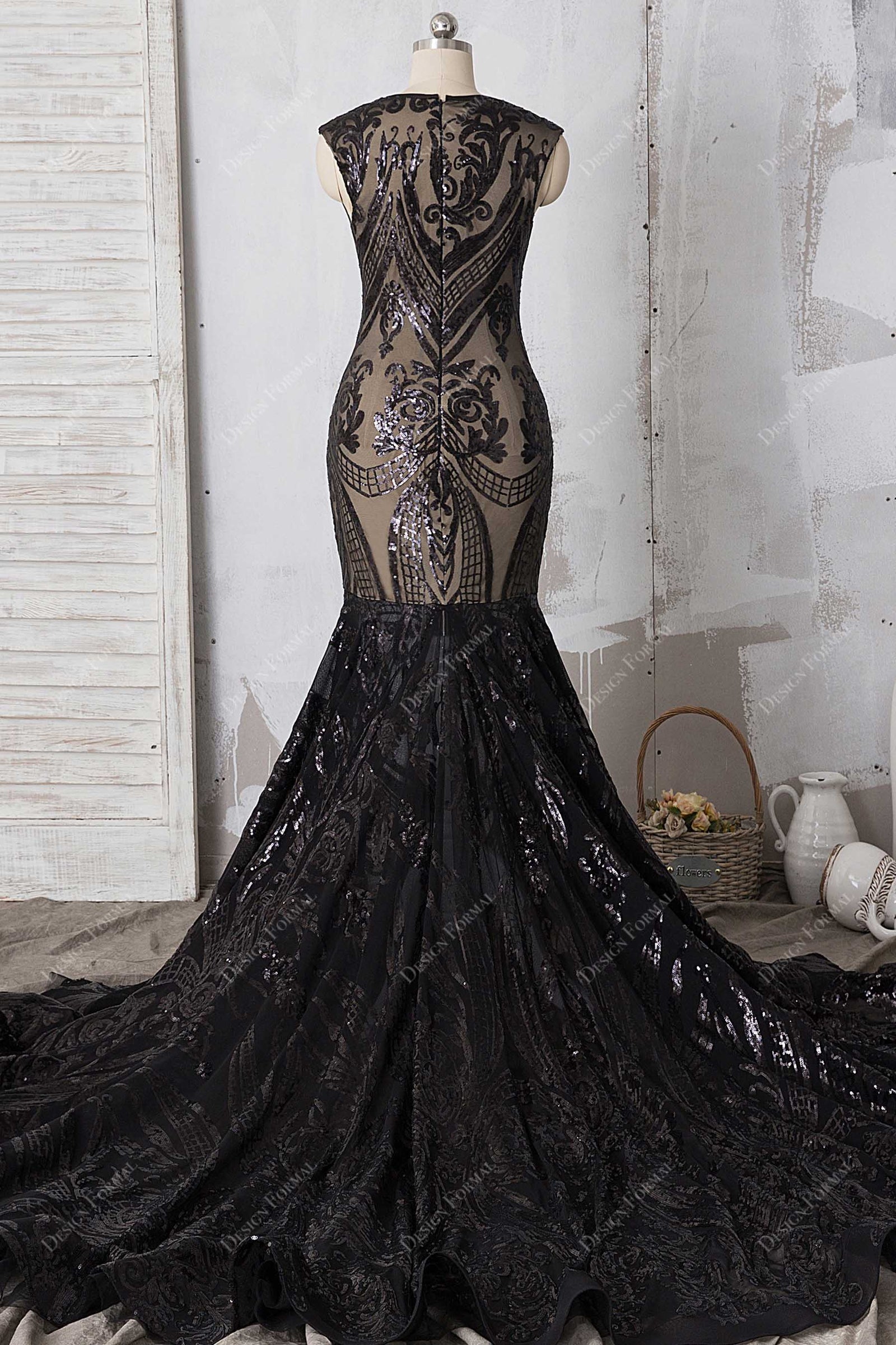 Black Unique Sequin Mermaid Dramatic Long Train Prom Dress