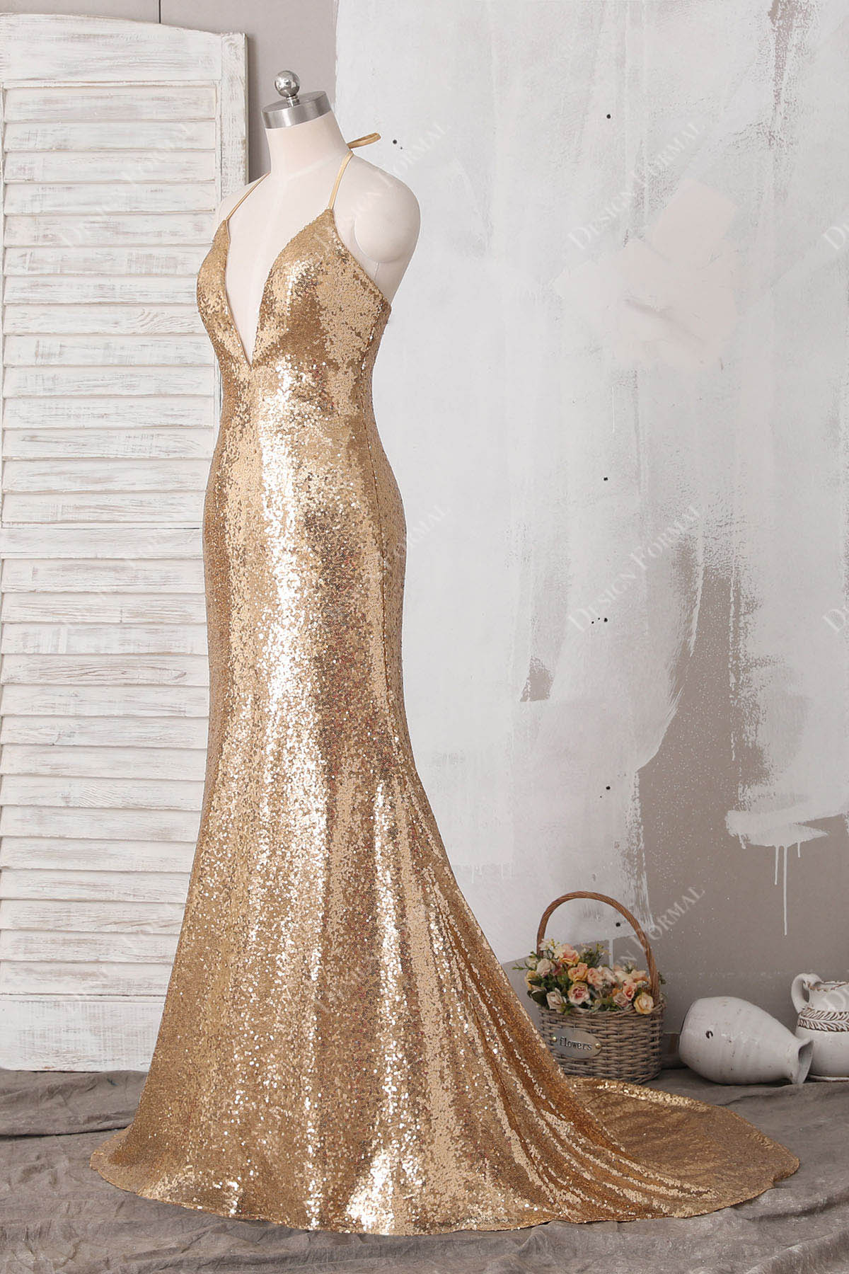 mermaid gold sequin long train bridesmaid dress