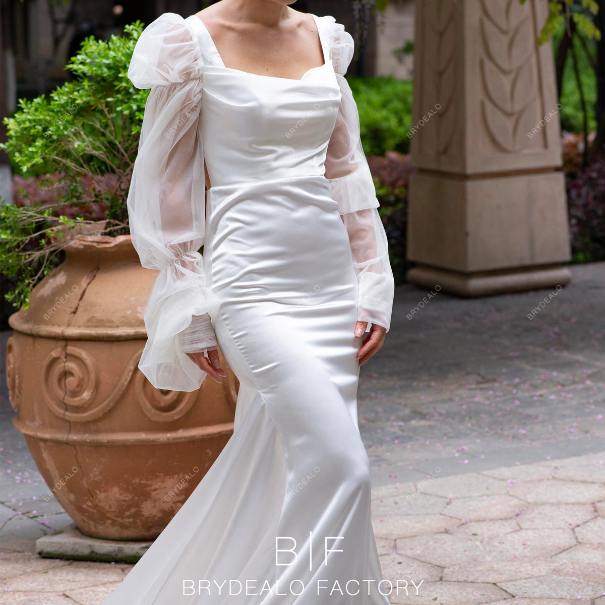 plunge mermaid satin wedding dress with buttons Trendy Illusion Bubble Sleeve Satin Designed Mermaid Wedding Dress