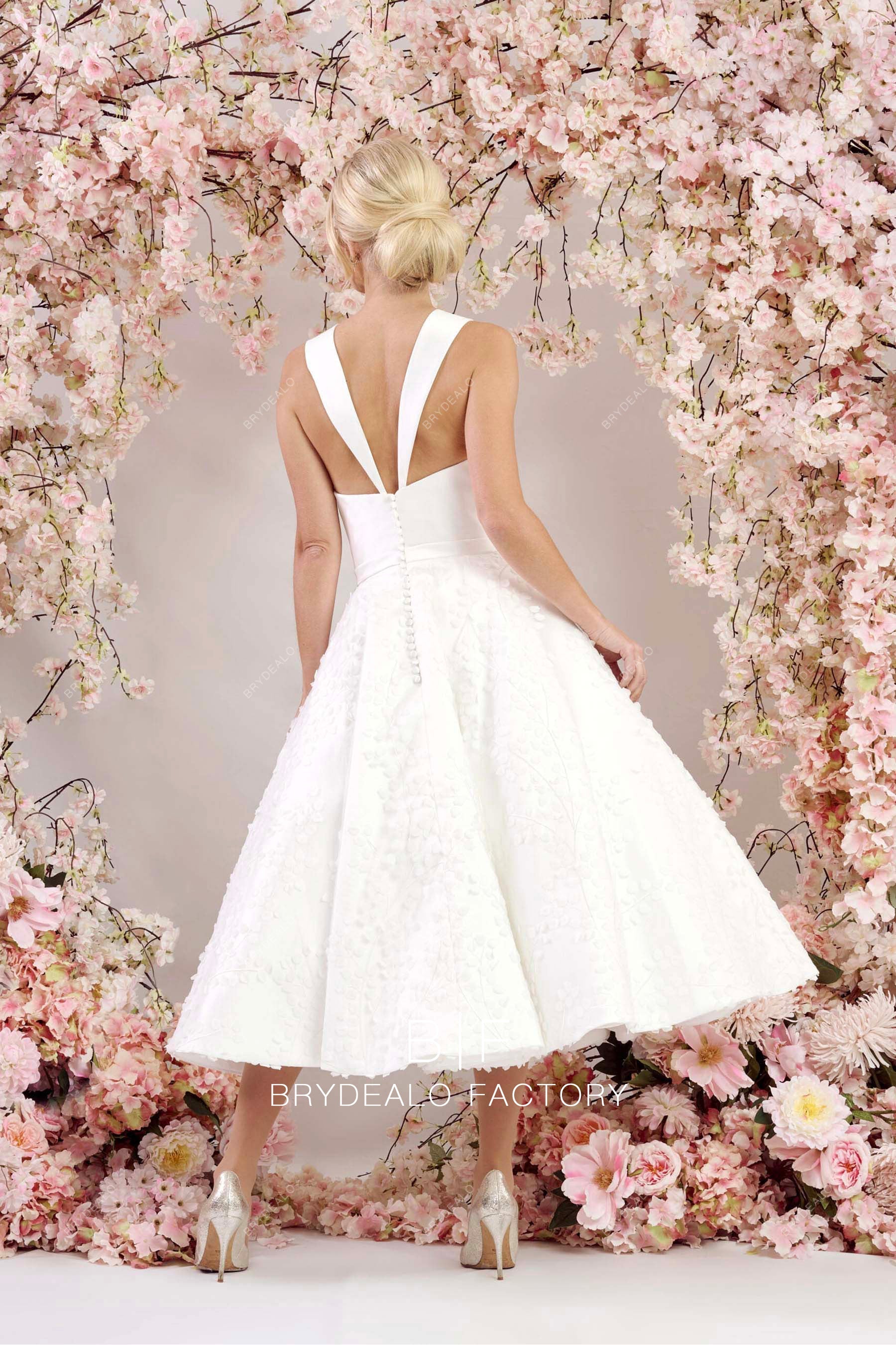 Sleeveless Mikado Satin Lace Tea Length Bridal Dress