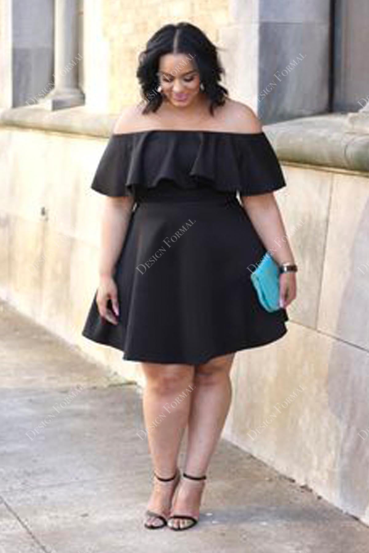 Plus Size Black Satin Off Shoulder Mini Length Homecoming Cocktail Gown